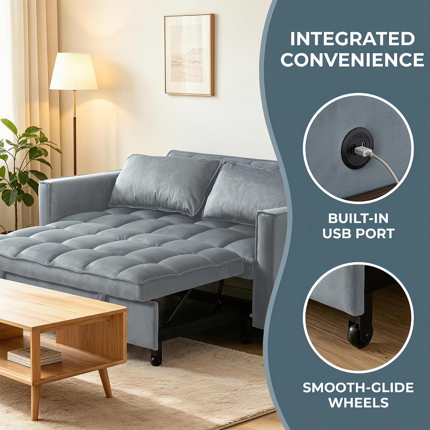 4 in 1 Convertible Sofa Bed, Pull Out Couch with Adjustable Backrest, Loveseat Sleeper Sofa Bed with USB Ports and Side Table, Couch Beds for Living Room, Bedroom, Apartment, Gray