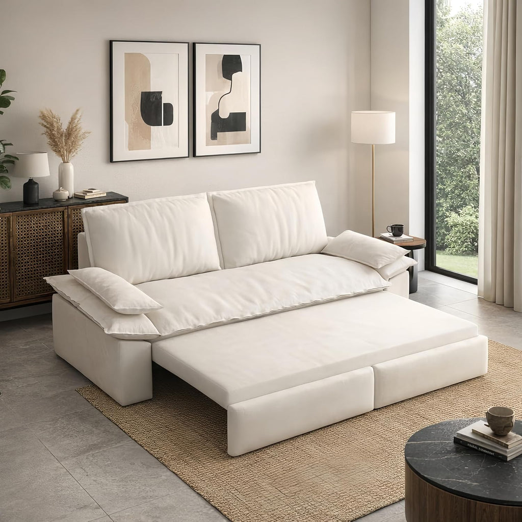 73.2' Sofa Bed Queen, 3-in-1 Pull Out Sofa Bed with Pillow Armrest, Modern Velvet Convertible Sleeper Futon Sofa for Living Room Small Space, Apartment, Bedroom, White