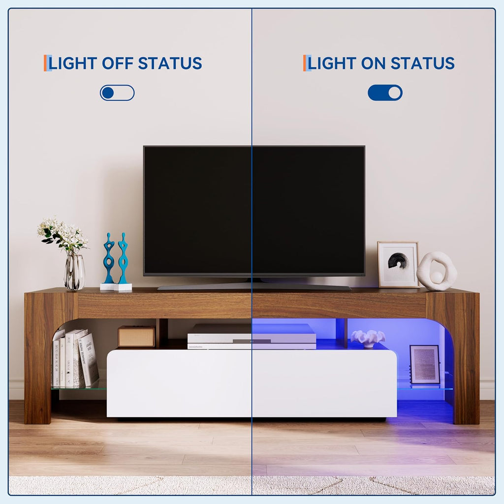 Garvee Modern Lighting TV Stand with Large Storage Drawer for 50 55 60 65 70 75 Inch TVs, TV Console Table with Control Color LED Lights, Entertainment Center Media for Living Room, Bedroom, Walnut