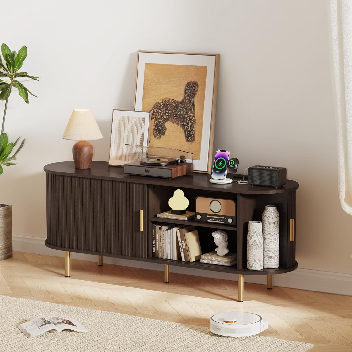 DHH 55 Inch Mid Century Modern TV Stand with Power Outlet for TVs up to 60 Inch, Entertainment Center with Storage and Adjustable Shelves, Media Console with Sliding Doors for Living Room(Dark Walnut)