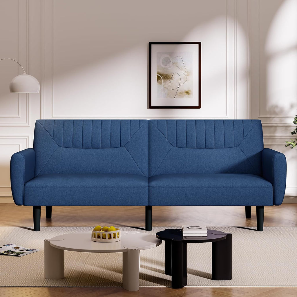 Futon Sofa Bed,75.8' Linen Fabric Comfy Futon Couch Bed,3 Seater Convertible Sleeper Sofa with Adjustable Backrests,Modern Folding Loveseat for Living Room,Office,Apartment,Bedroom,Blue