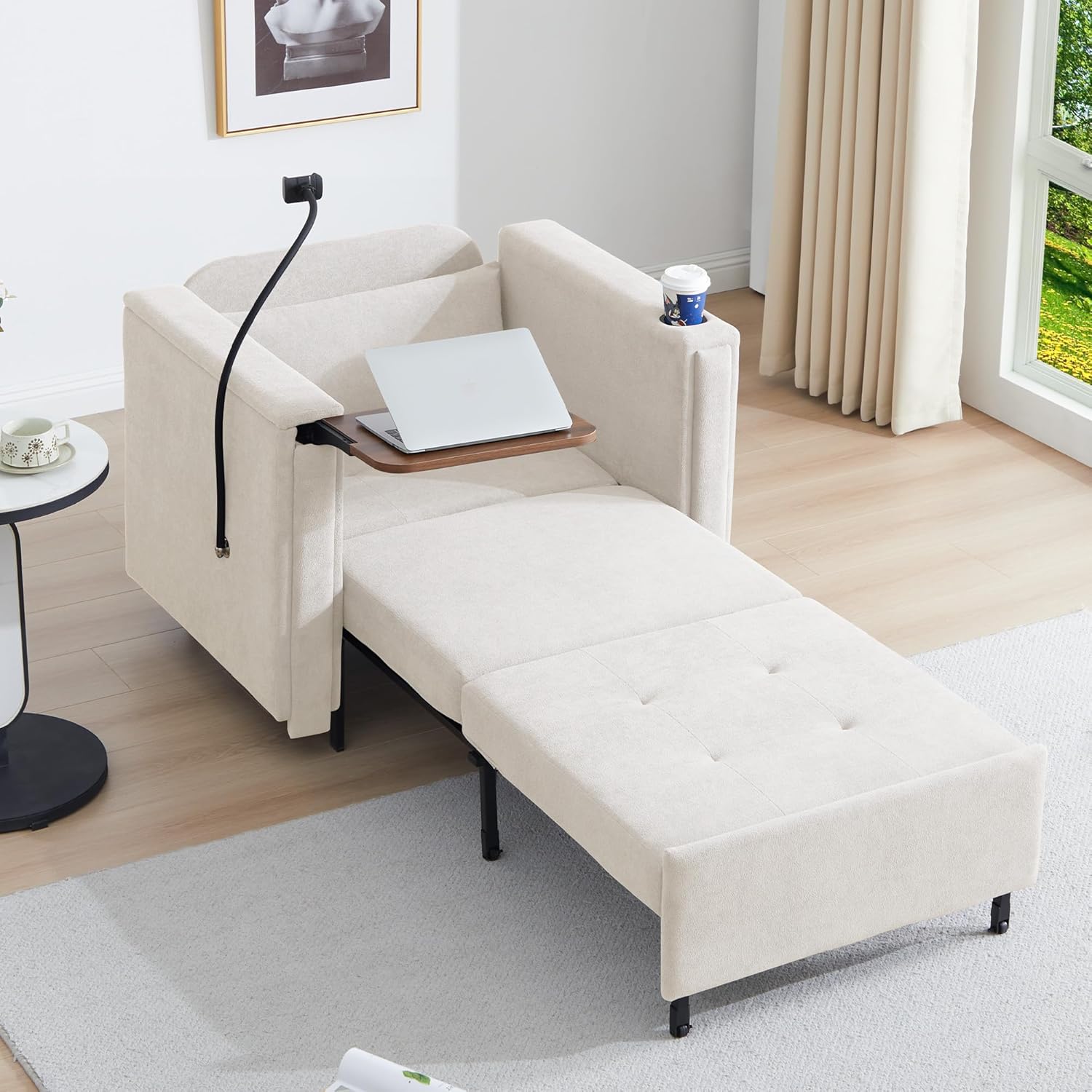 LEVNARY 3-in-1 Convertible Chair Pull Out Bed, Single Sofa Chair Sleeper for Adults with Hidden Side Table, Modern Chenille Fabric Armchair for Bedroom Dorm Home Office (Beige)
