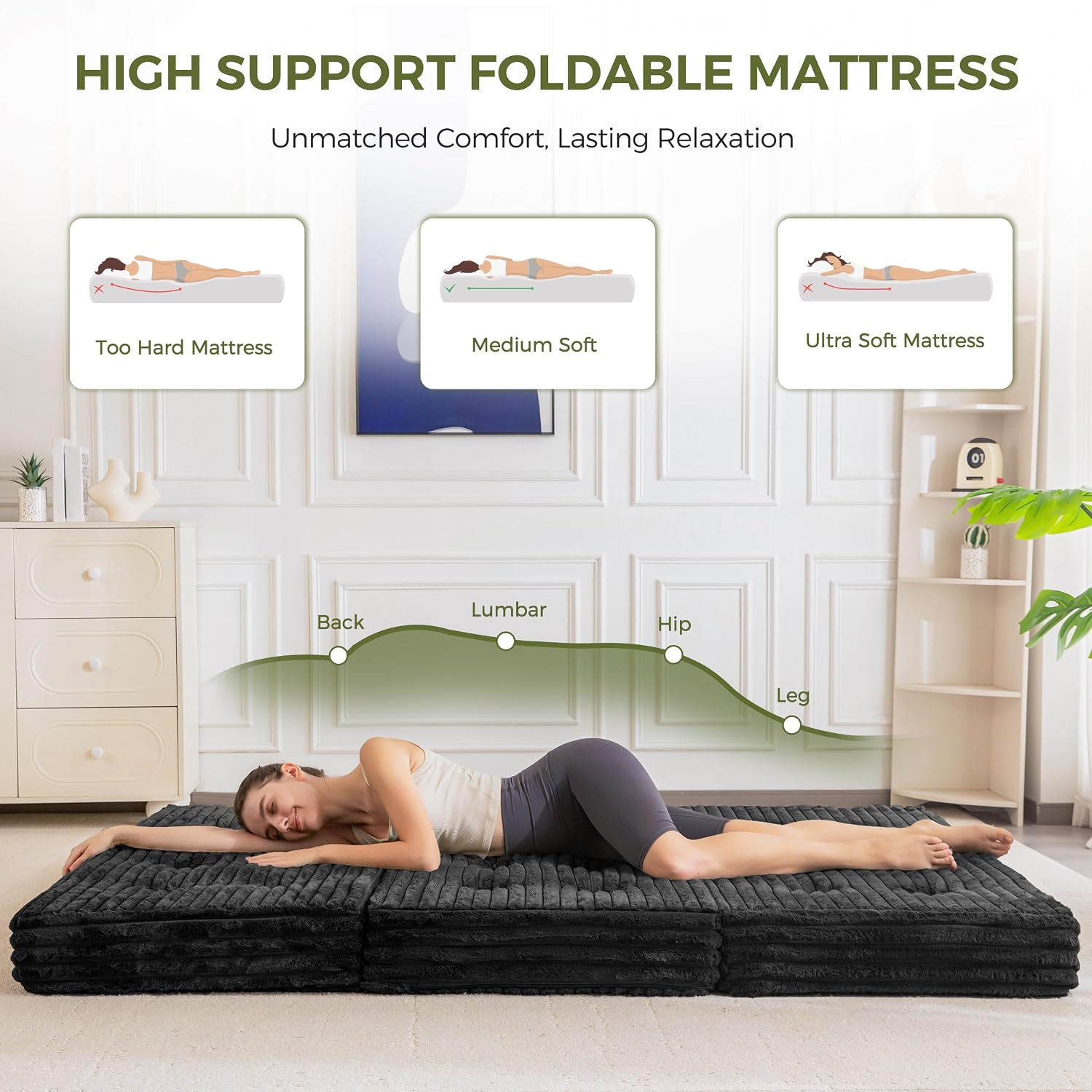 MAXYOYO Folding Sofa Couch Bed, 6 Inch Tri-Fold Floor Sofa Bed, Folding Mattress with Handles, Soft Faux Fur Folding Bed with Supportive Foam Filling, Portable Couch for Living Room, Queen, Black