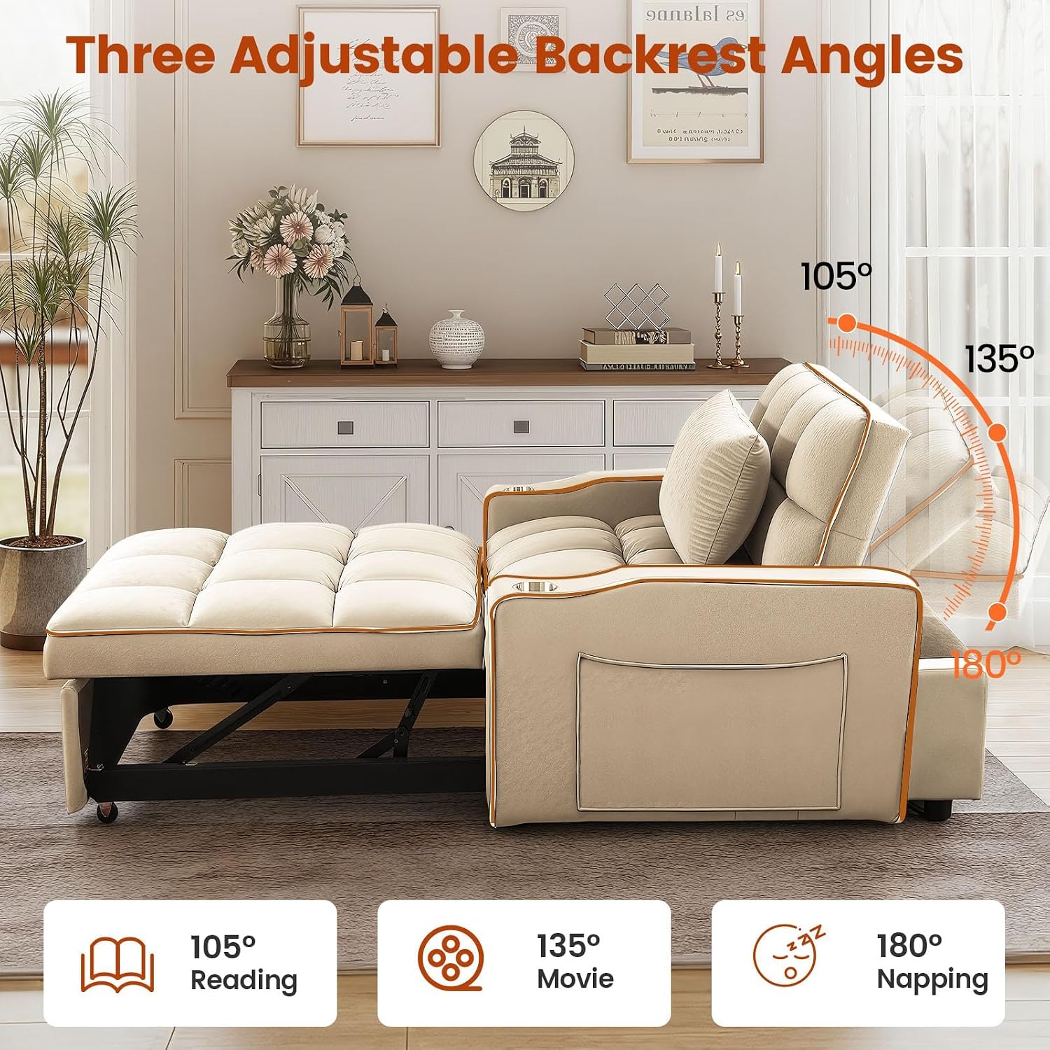 Convertible Sleeper Chair, Chairs Bed Sleepers for Adults, Pull Out Chair Sleeper with Bracket and Cup Holder, 3 in 1 Sofa Bed Chairs for Small Spaces, Living Room, White