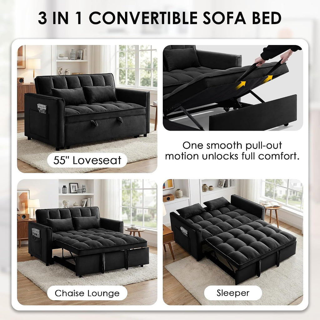 3 in 1 Convertible Sleeper Sofa Bed, 55' Pull Out Couches, Modern Loveseat Sleeper Sofa with Adjustable Reclining Backrest & Side Pockets for Living Room, Velvet Fabric, Black