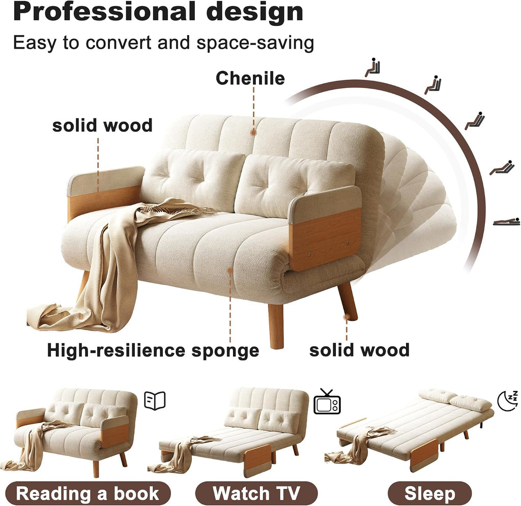 Convertible Chair Bed, Futon Sofa Bed Sleeper Chair with Solid Wood Leg and Storage Pocket, Linen Fabric Sofa Couch Guest Bed for Living Room, Bedroom, Office, Apartment (43.31)