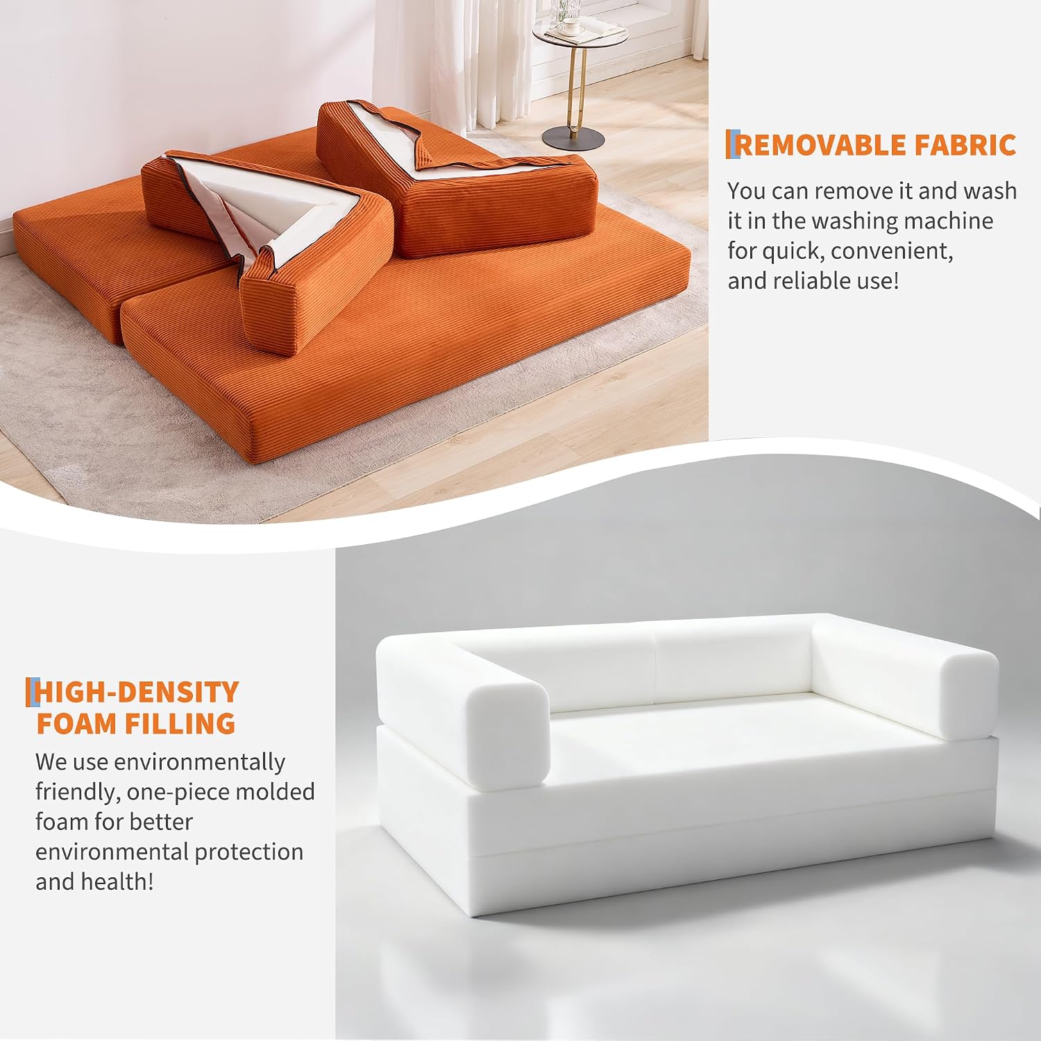 Garvee 5-in-1 Convertible Sofa Bed, 78.8' Modular Corduroy Sleeper with Sturdy Frame & No Assembly, Multi-Functional Futon for Small Space, Living Room & Guest Room (Green) (Orange)