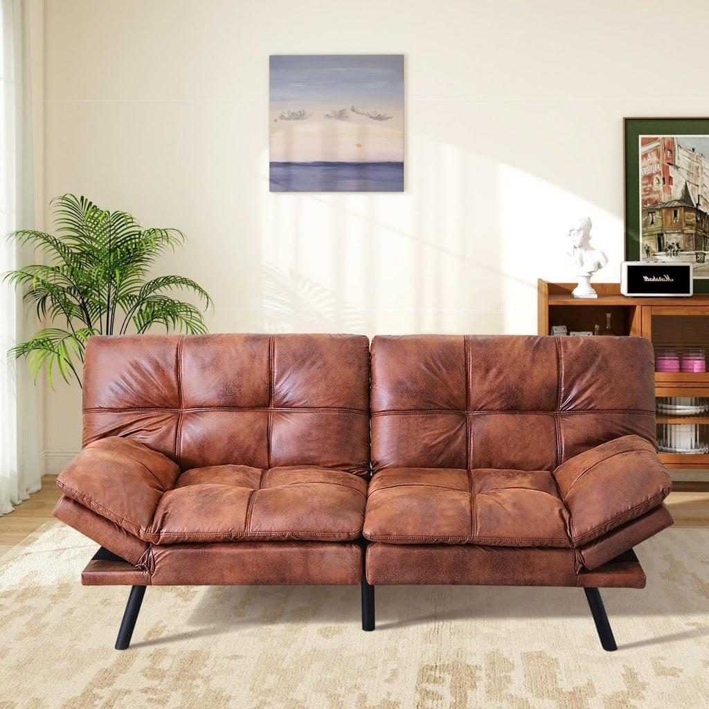 MUUEGM Brown Futon Sofa Bed Leather Memory Foam Modern Office Couch Sleeper Bed Convertible Love seat Sofa for Small Spaces,Apartment,Office with Adjustable Armrest Backrest