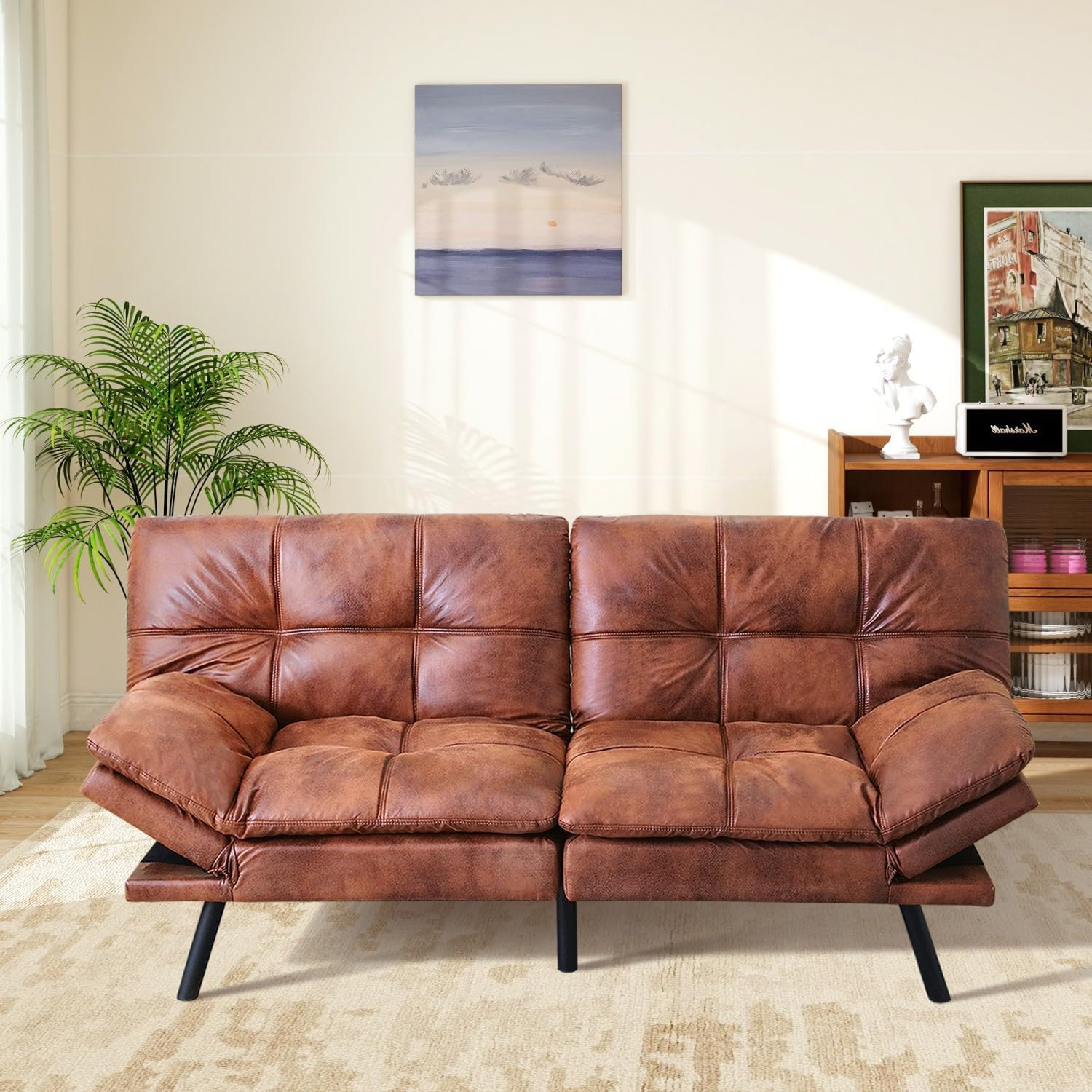 MUUEGM Brown Futon Sofa Bed Leather Memory Foam Modern Office Couch Sleeper Bed Convertible Love seat Sofa for Small Spaces,Apartment,Office with Adjustable Armrest Backrest