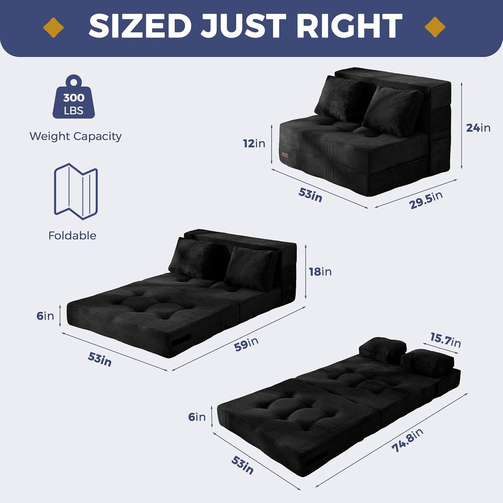 MAXYOYO Convertible Sofa Bed, Fold Out Sleeper Sofa with Pillow, 4 in 1 Tufted Folding Couch Bed Foam Floor Couch, Lazy Chair for Living Room Bedroom Guest Room, Black
