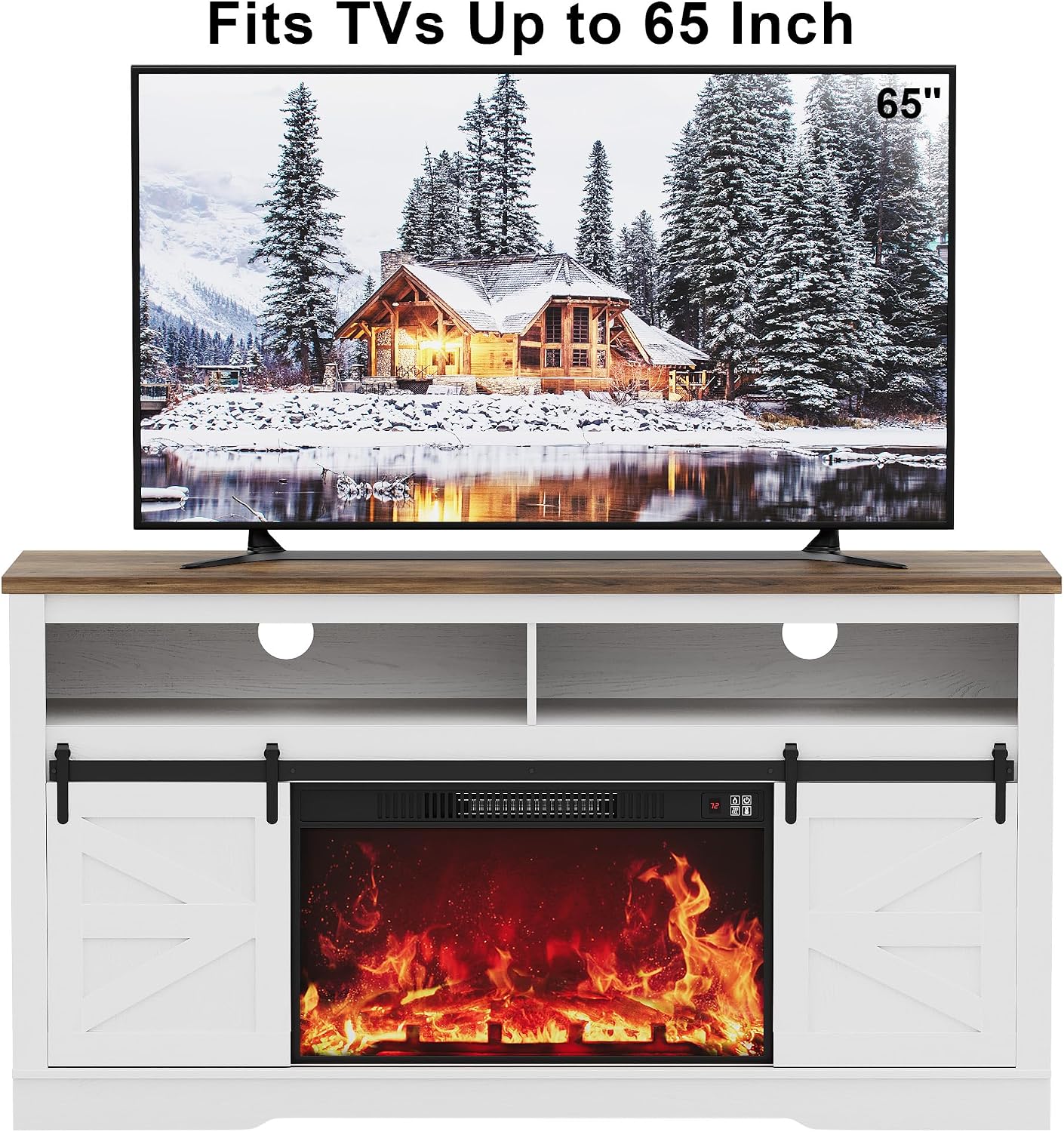 JUMMICO Fireplace TV Stand for 65+ Inch TV with 26'' Fireplace Entertainment Center with Storage Cabinet and Adjustable Shelves Media Console with Sliding Barn Door for Living Room (Bright White)