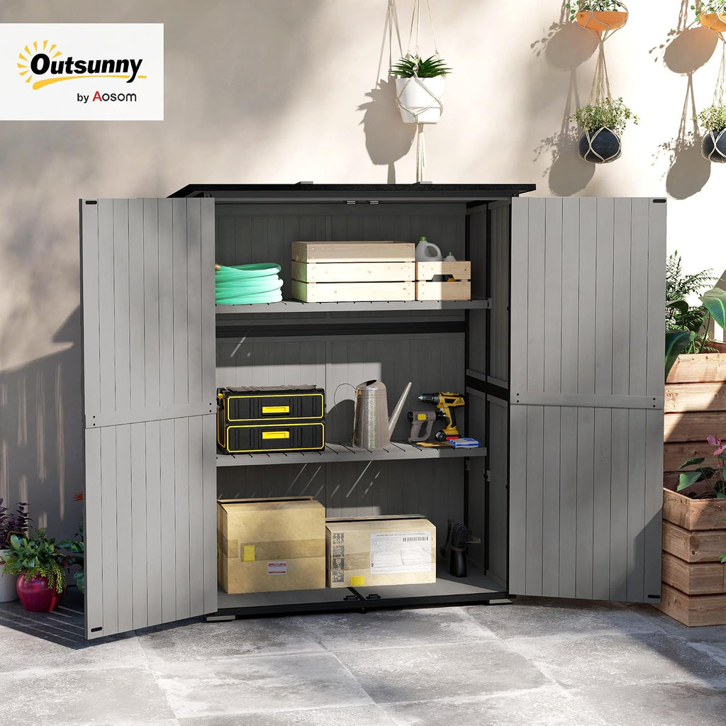 Outsunny Outdoor Storage Cabinet, Wood Garden Tool Shed with Steel Frame and Asphalt Roof, Garden Storage Shed with 2 Shelves, Lockable Doors and Adjustable Feet for Patio Backyard Lawn, Gray