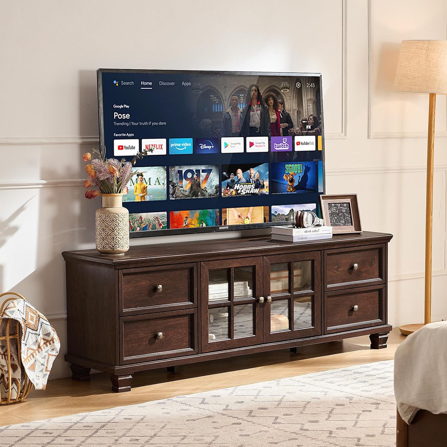 SAVOR LIFE Farmhouse TV Stands for Living Room, Brown Entertainment Center with Storage, Wood TV Console with 4 Drawers, Rustic TV Cabinet for 65 inch TV, Walnut