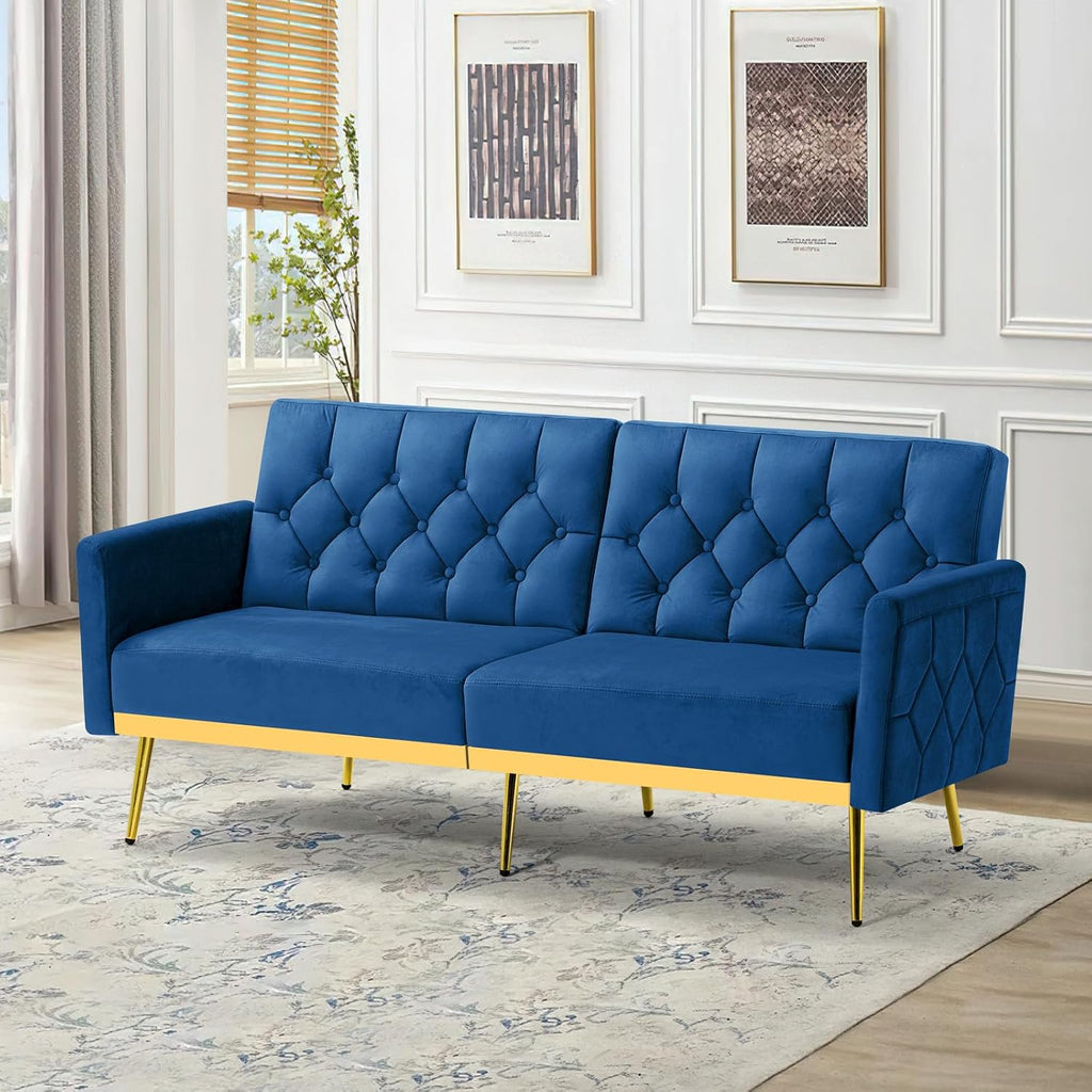 Velvet Futon Sofa Bed w/Adjustable Armrests & Backrests, Button Tufted Sleeper Couch, Modern Convertible Loveseat Sofa for Bedroom, Living Room, Apartment, Blue