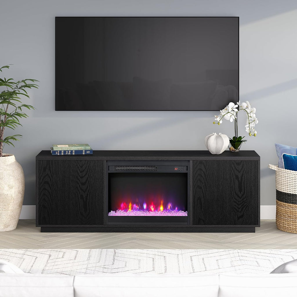 Henn&Hart Fluted TV Stand for TVs up to 75' with 26' Electric Crystal Rocks Fireplace and Ribbed Side Storage Cabinets for Living Room, Family Room, or Office, Natural Black