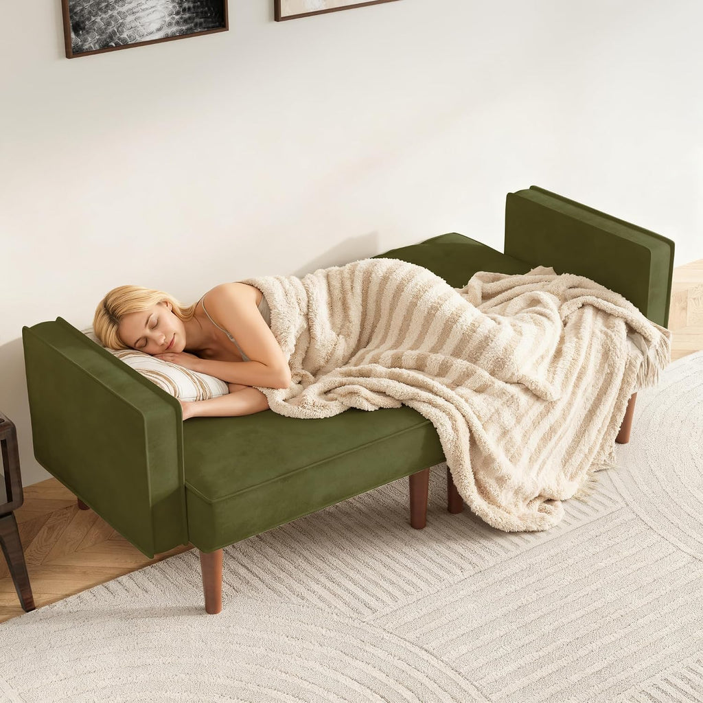 Furnify 71' Velvet Futon Sofa Bed, Versatile Loveseat Couch, Sleeper Sofa with Adjustable Backrest, Mid Century Modern Futon Couch for Small Space, Living Room, Office & Apartment, Velvet Fabric Green