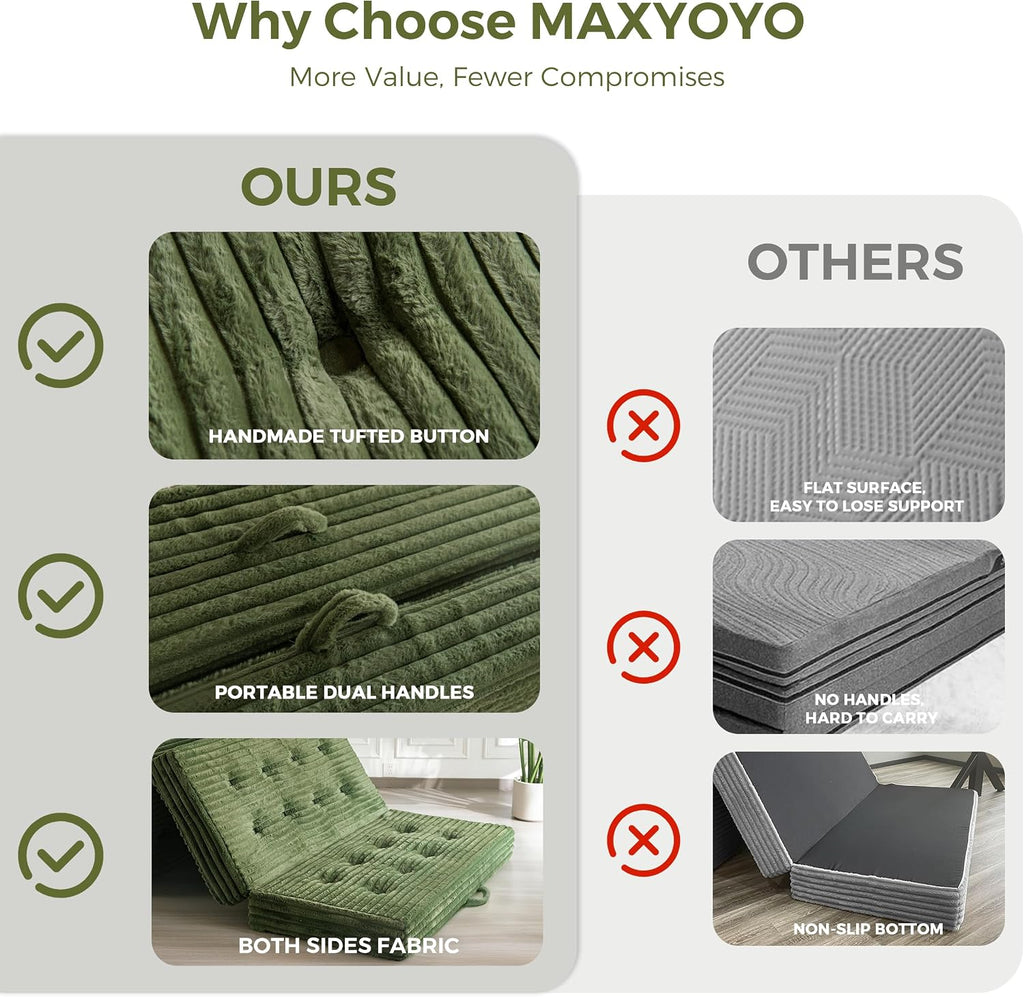 MAXYOYO Folding Sofa Couch Bed, 6 Inch Tri-Fold Floor Sofa Bed, Folding Mattress with Handles, Soft Faux Fur Folding Bed with Supportive Foam Filling, Portable Couch for Living Room, Twin, Dark Green
