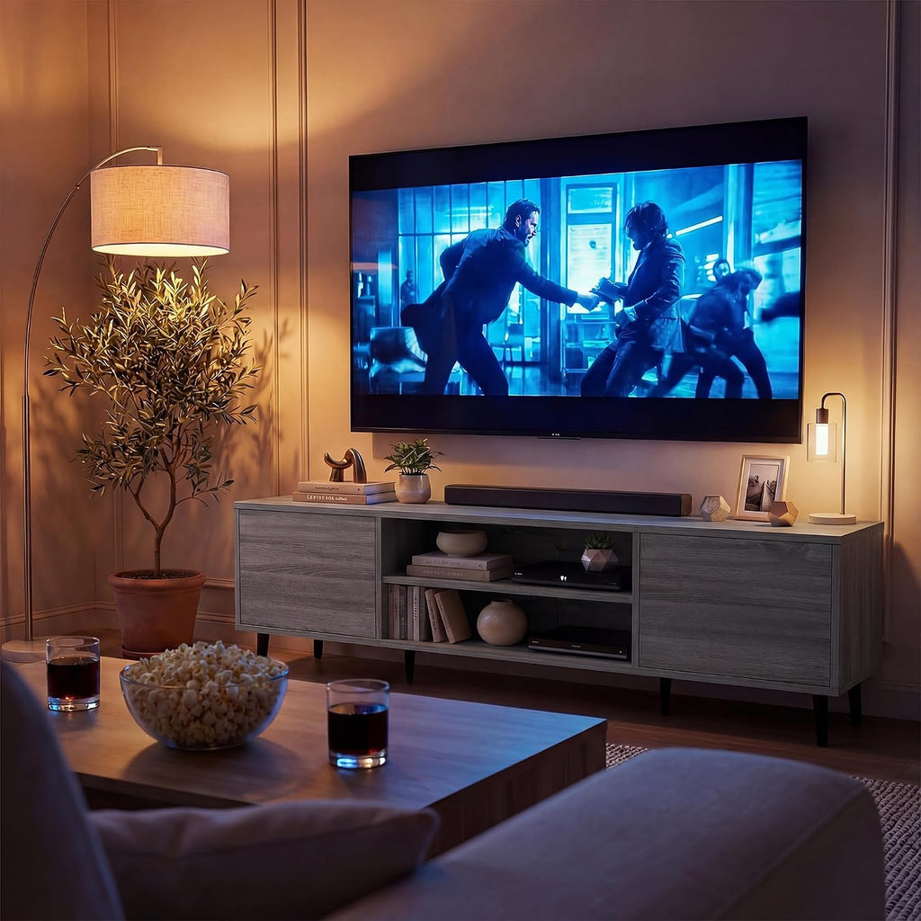 YESHOMY Mid-Century Modern TV Stand for 65-70 Inch TVs, 63 Inch Entertainment Center with Storage, Media Console with Push-to-Open Doors and Cable Management for Living Room, Bedroom(Light Gray)