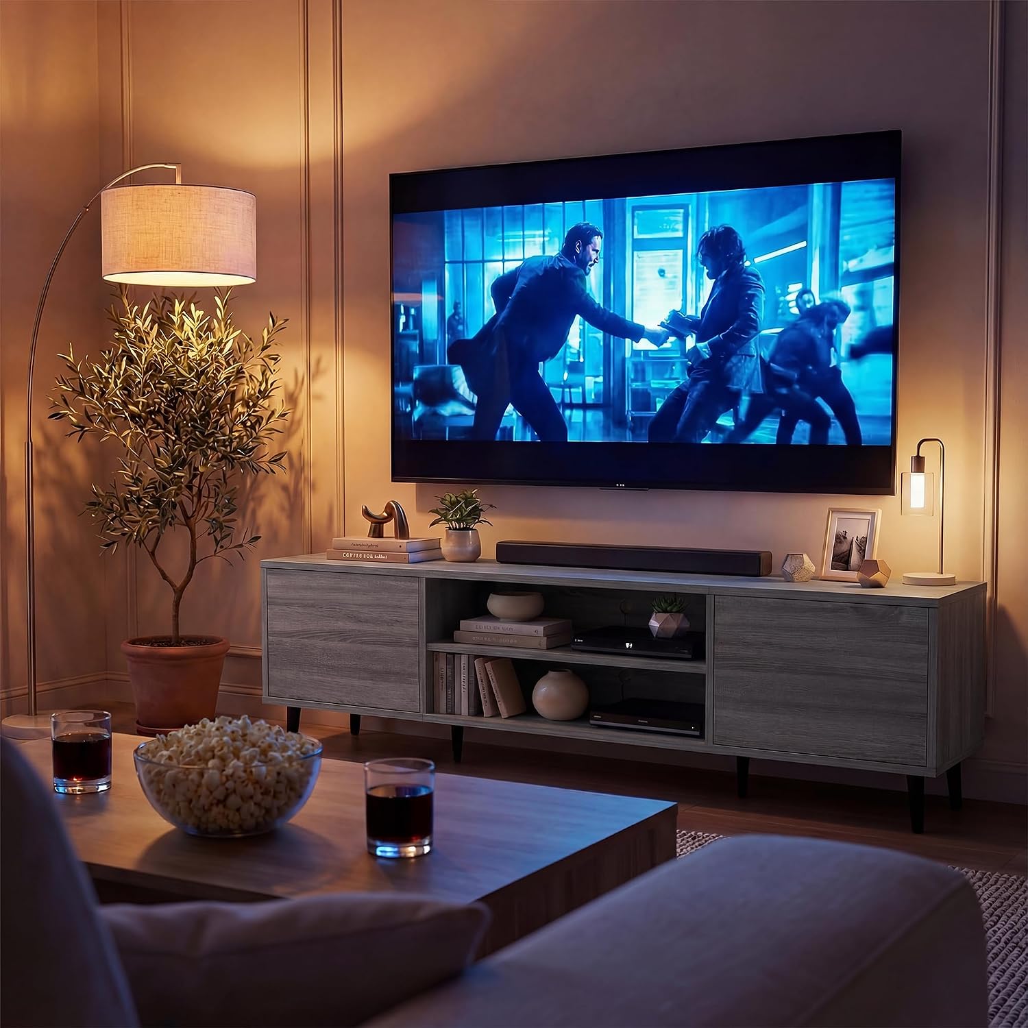 YESHOMY Mid-Century Modern TV Stand for 65-70 Inch TVs, 63 Inch Entertainment Center with Storage, Media Console with Push-to-Open Doors and Cable Management for Living Room, Bedroom(Light Gray)