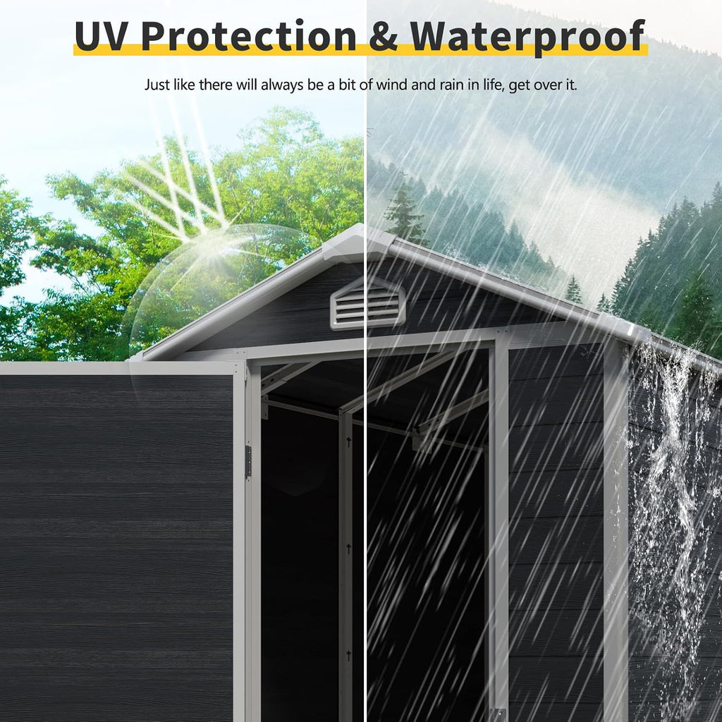 4x6 FT Outdoor Storage Shed, Resin Garden Shed with Thick Floor, Plastic Storage Shed with Window, Waterproof Outside Tool Shed with Lockable Hinged Door for Backyard, Patio, Lawn, Black