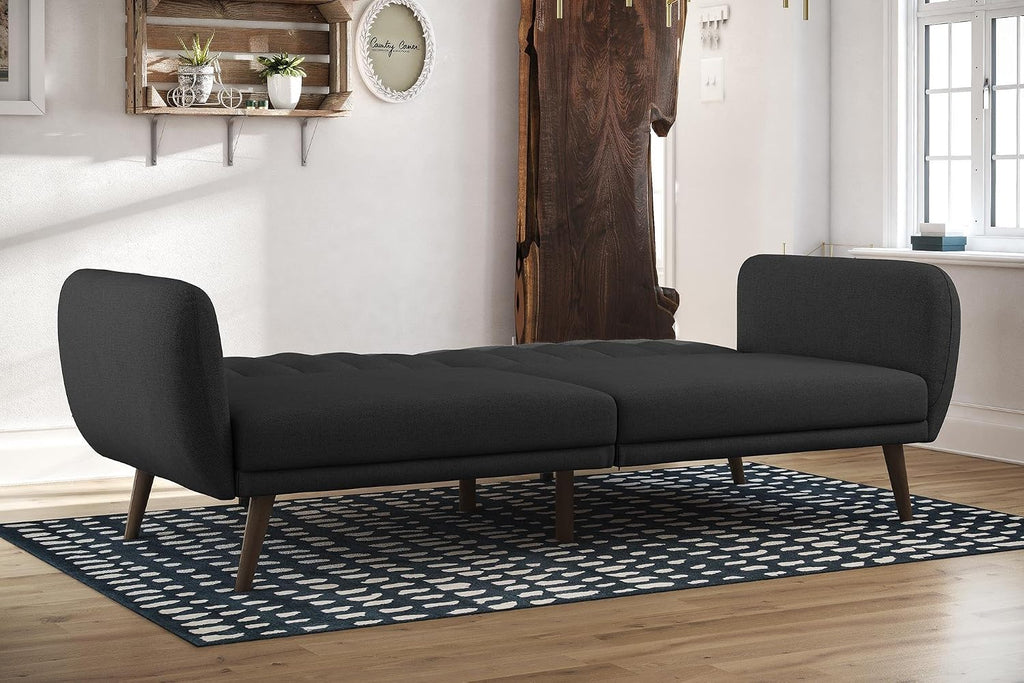 Novogratz Brittany 82 Inch Futon Sofa Bed in Faux Leather, Upholstered Couch Sleeper with Tufted Back, Mid-Century Modern Design, Dark Gray
