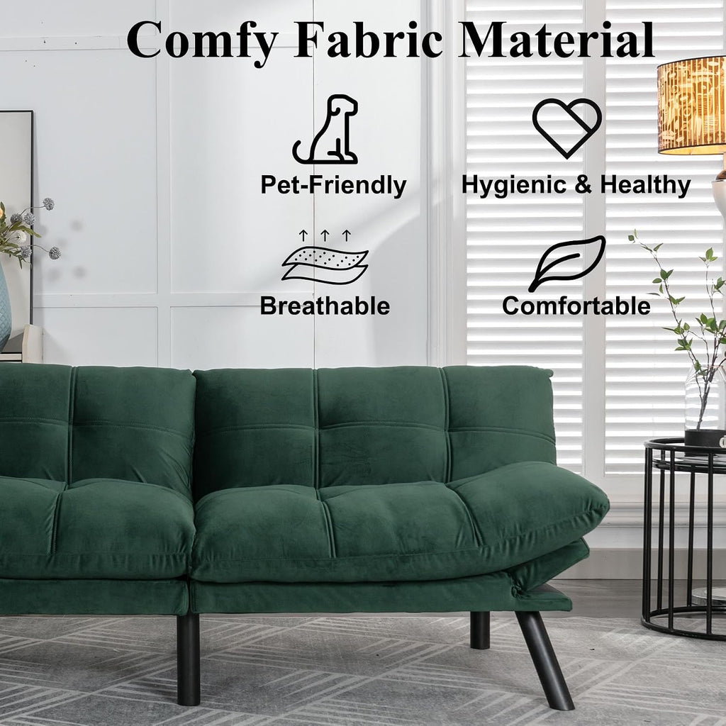 Anwick Velvet Convertible Futon Sofa Bed,71' Modern Comfy Loveseat Sleeper Sofa with Adjustable Backrest Armrest,Folding Futon Sleeper Recliner for Living Room,Office,Apartment (Emerald)