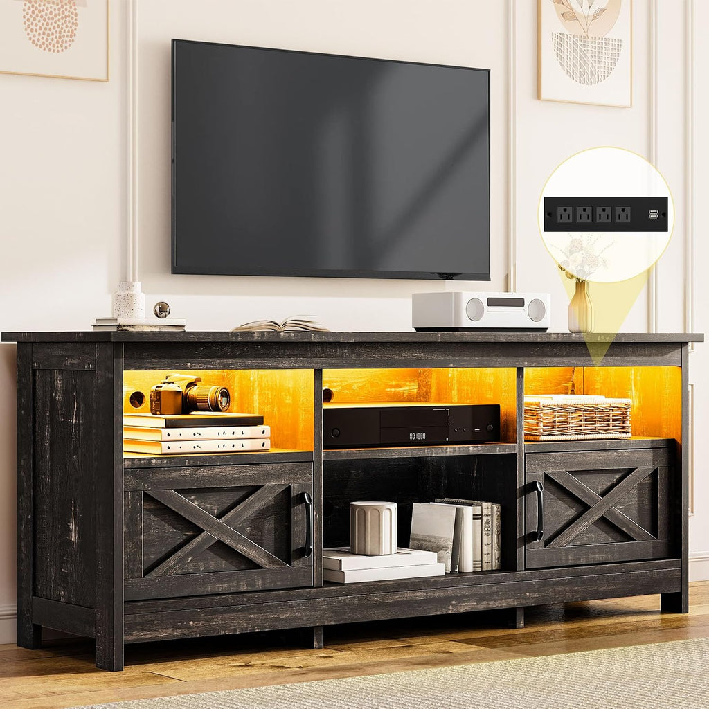 DWVO TV Stand for up to 65 Inch TV, Entertainment Center with Storage, TV Cabinet with Power Outlet & LED Light Strip, Media Console Television Stands for Living Room, Dark Rustic Oak