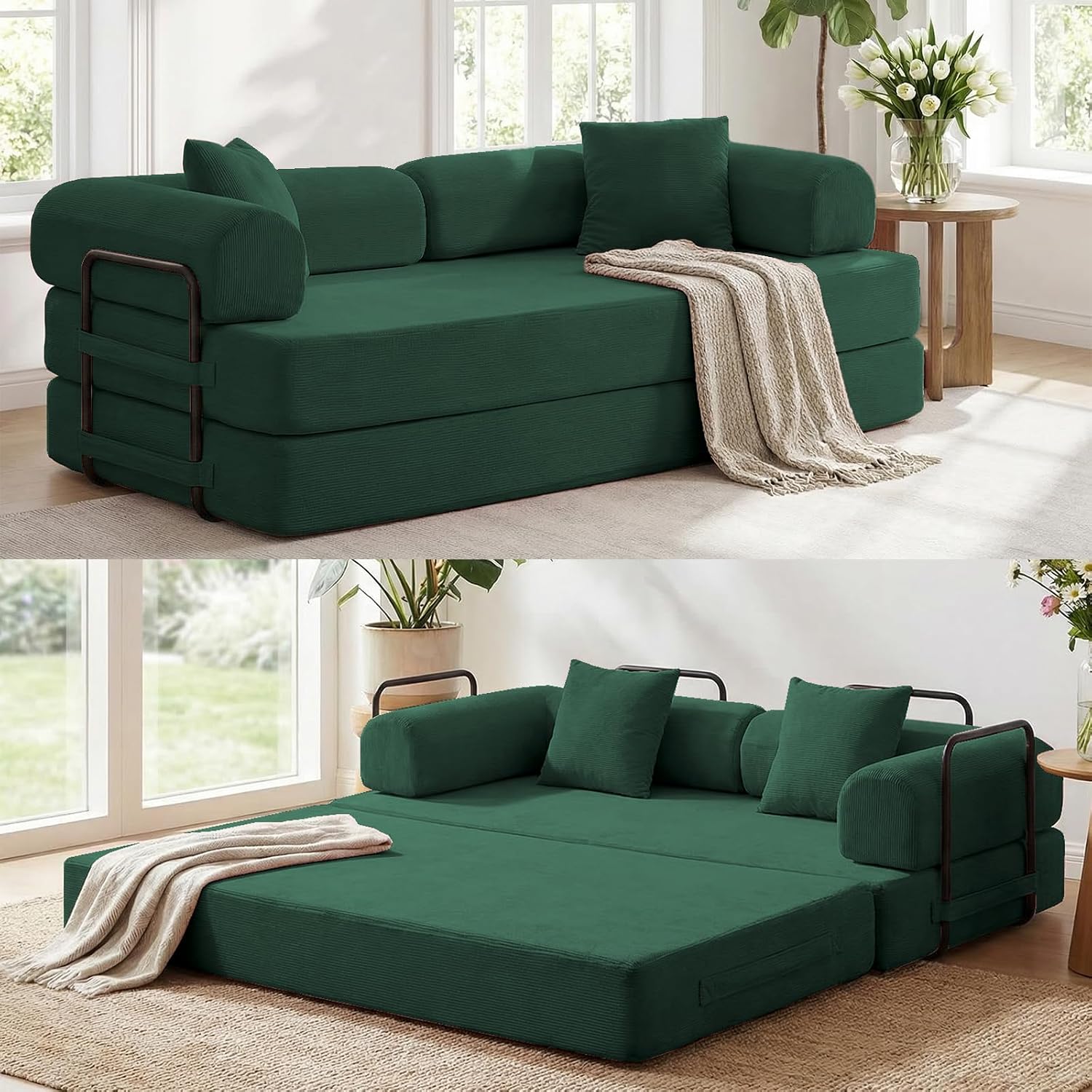 ijuicy 4-in-1 King Convertible Floor Sofa Bed w/ 2 Pillow,Modular Sleeper Sofa/Folding Futon Couch Bed w/Cylindrical Backrest and Fixed Frame,Lounge Couch,Corduroy Compression Sofas for Home-Green