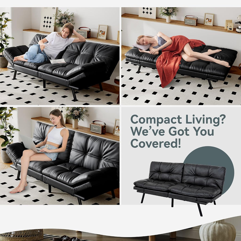 Futon Sofa Bed Convertible Couch, Black Faux Leather Sofa Bed with Memory Foam, Adjustable Backrest & Armrests, Multifunctional Small Loveseat Sleeper Sofa for Living Room, Apartment, Office