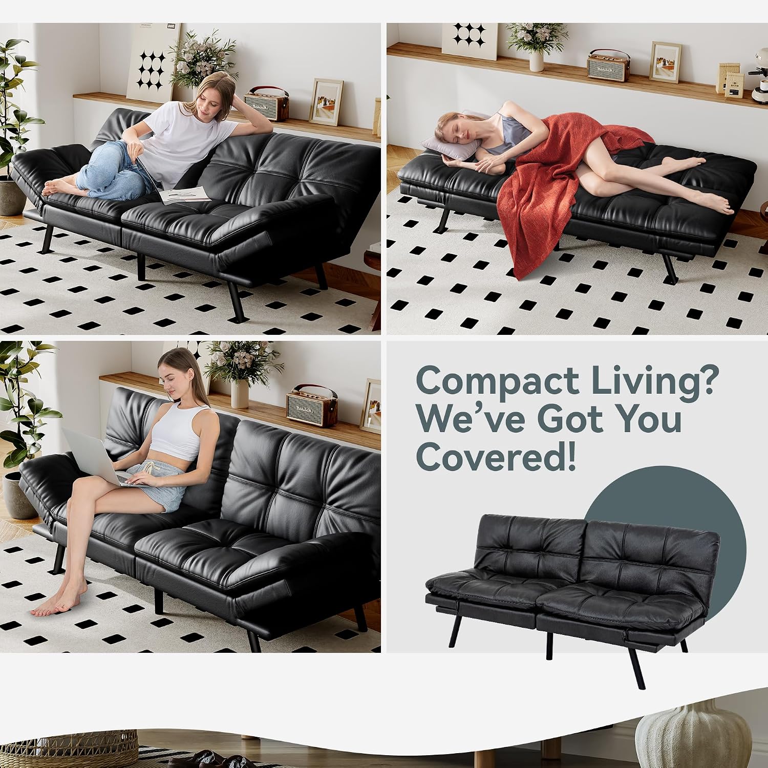 Futon Sofa Bed Convertible Couch, Black Faux Leather Sofa Bed with Memory Foam, Adjustable Backrest & Armrests, Multifunctional Small Loveseat Sleeper Sofa for Living Room, Apartment, Office