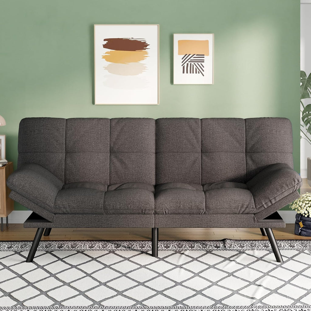 Opoiar Convertible Futon Sofa Bed,71' Memory Foam Futon Couch,Detachable Cushion,Adjustable Backrest & Armrest,Linen Modern Loveseat Sleeper Recliner for Living Room,Office,Apartment,Classic Grey