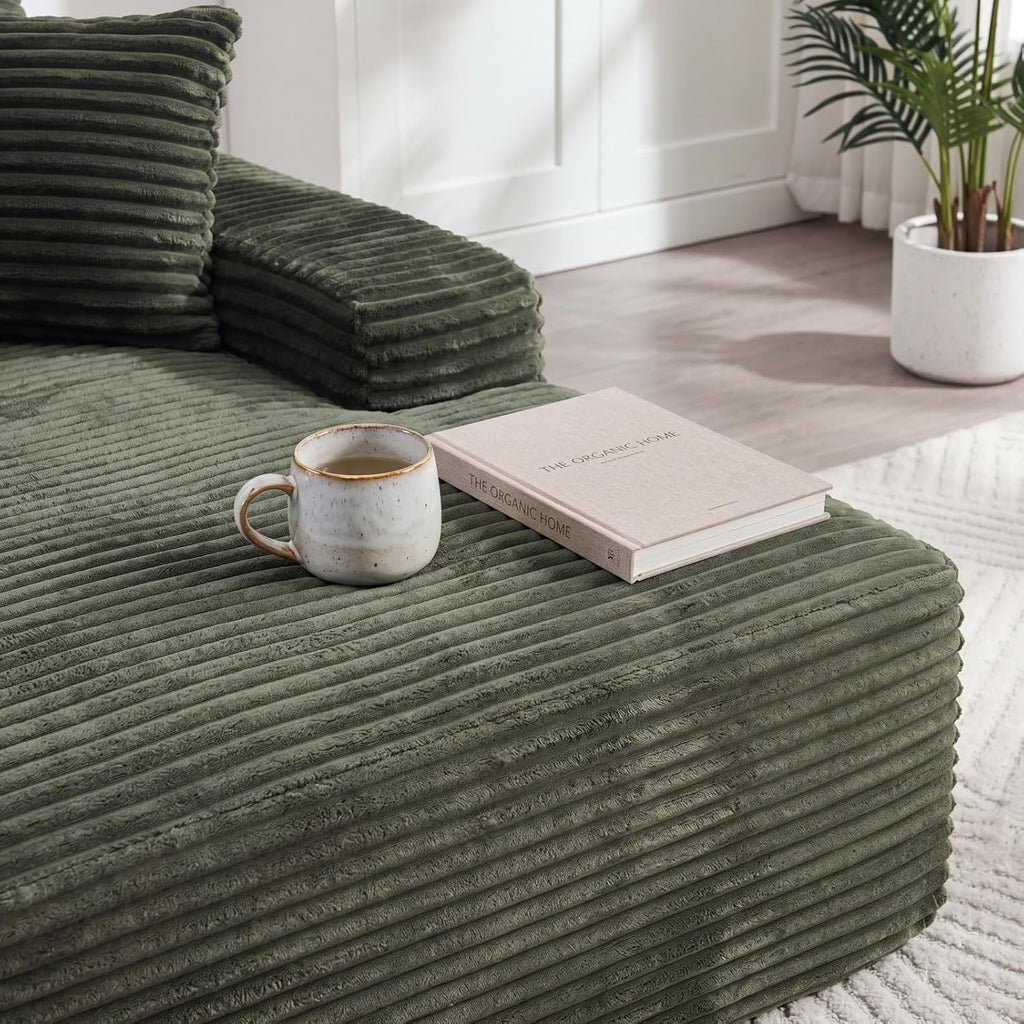 Oversized Boneless Chaise Sofa Bed, Corduroy Chaise Lounge Chair Indoor with Storage Pockets, Upholstered Cloud Sleeper Chair Bed for Small Space, Living Room, Bedroom, Apartment,Green