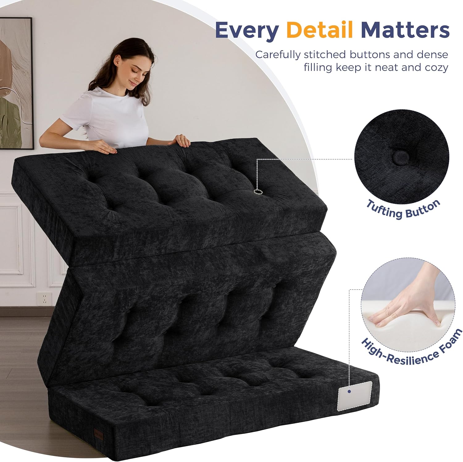 MAXYOYO 6' Folding Sofa Bed for Floor, Tufted Tri-Fold Floor Mattress with Chenille Fabric, Twin Size Portable Sofa Couch Guest Mat for Adults, Foldable Topper for Camping, Black, 35.4'x75'