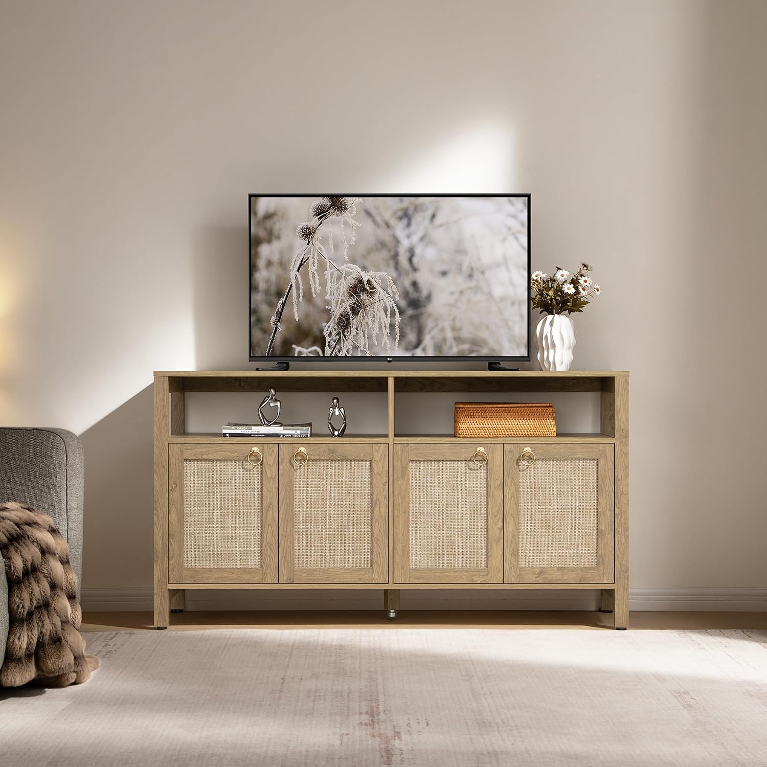 SICOTAS Rattan TV Stand for Television up to 65 Inch - 29.5' Tall Entertainment Center with Storage and Open Shelves,Boho Media TV Console Cabinet with 4-Doors and Adjustable Shelf for Living Room