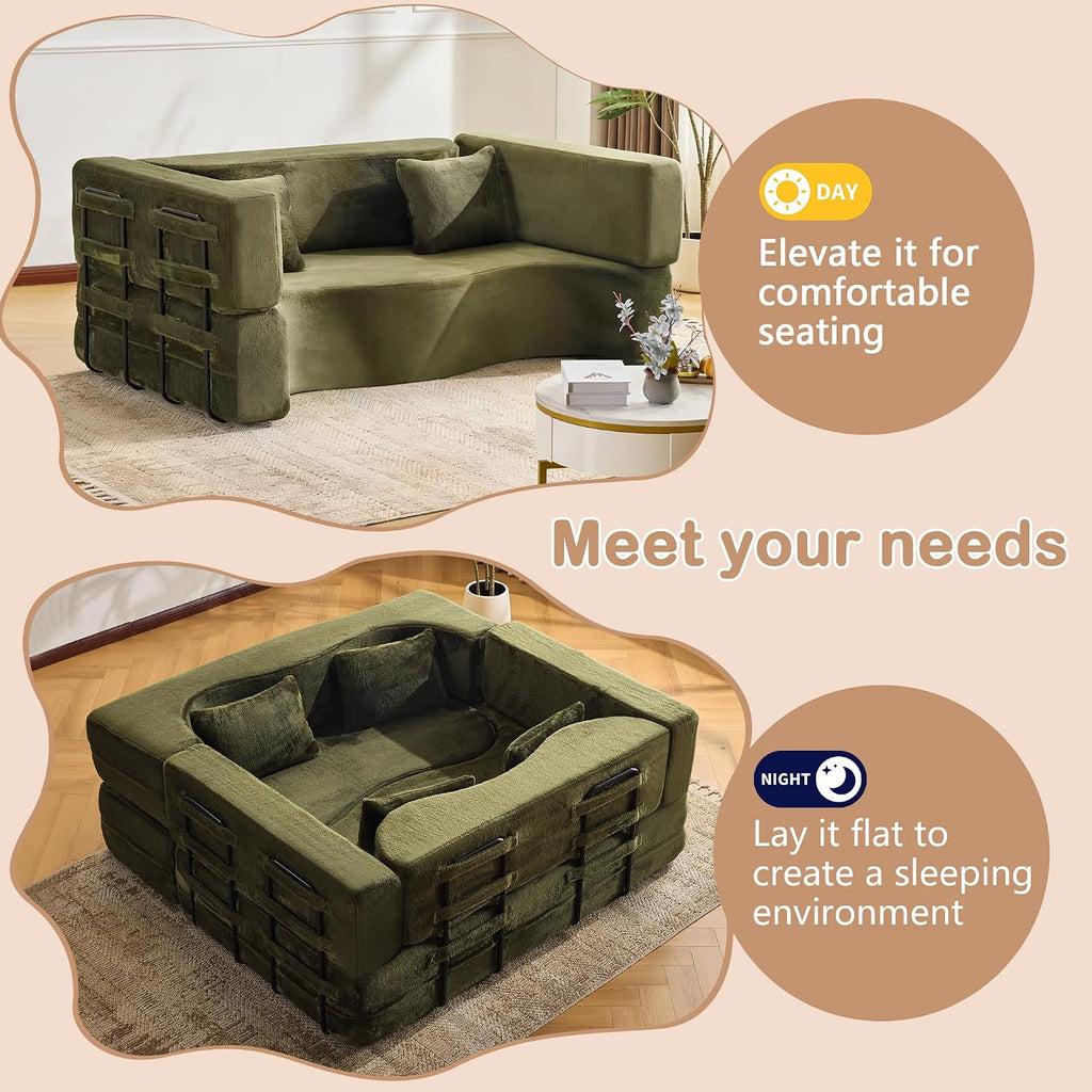 2-in-1 4 Seat Folding Sofa Bed with Pillow, No Assembly Futon Twin Size Sofa Bed, Breathable Velvet Convertible Couch Bed for Living Room and Guest Room, 71.65 Inch, Pink