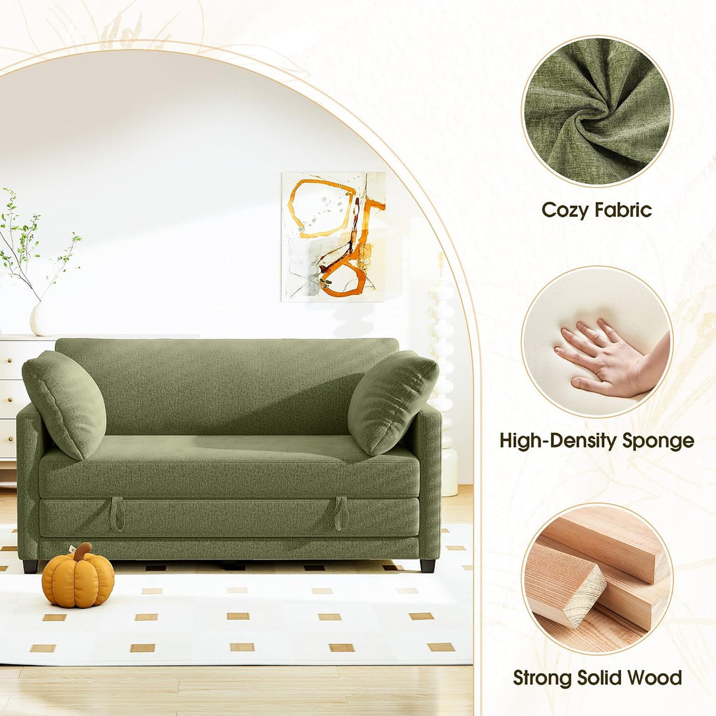65' Convertible Loveseat Sleeper Sofa Bed, 2 in1 Folding Sofa Bed, Loveseat Sofa for Small Spaces, Fold Out Floor Couch with 2 Pillows for Apartment, Office & Guest Room (Green Chenille, 65 inch)