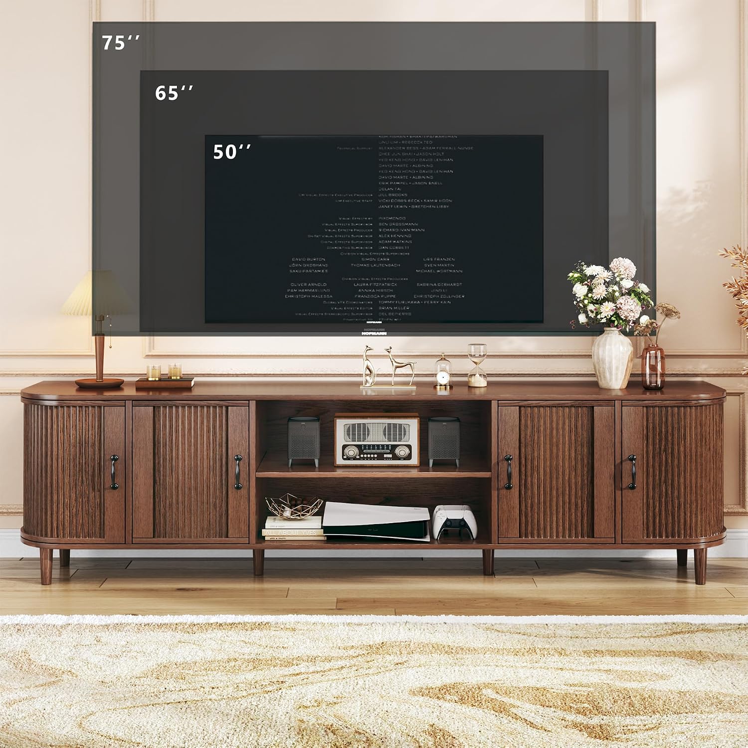 HUAHUU TV Stand for 75 inch TV, Mid Century Modern Entertainment Center for 55/60/65/75 inch TV, with Fluted Door Cabinets & Open Shelves, TV Consoles, Walnut