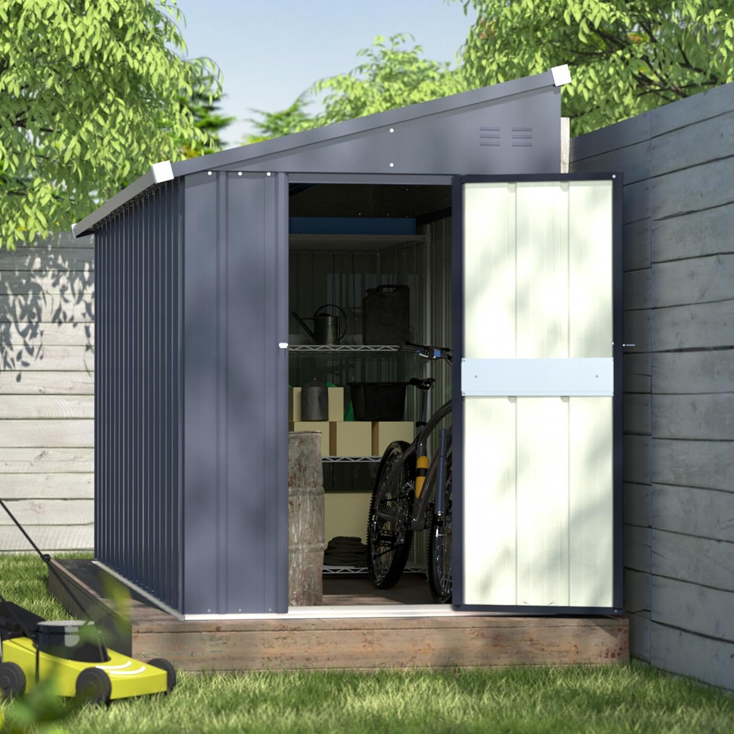 Yardenaler 4x10 FT Outdoor Lean-to Storage Shed, Metal Garden Tool Shed Kit with Lock & Door, Waterproof Patio Utility Tool Shed for Garden and Backyard, Gray