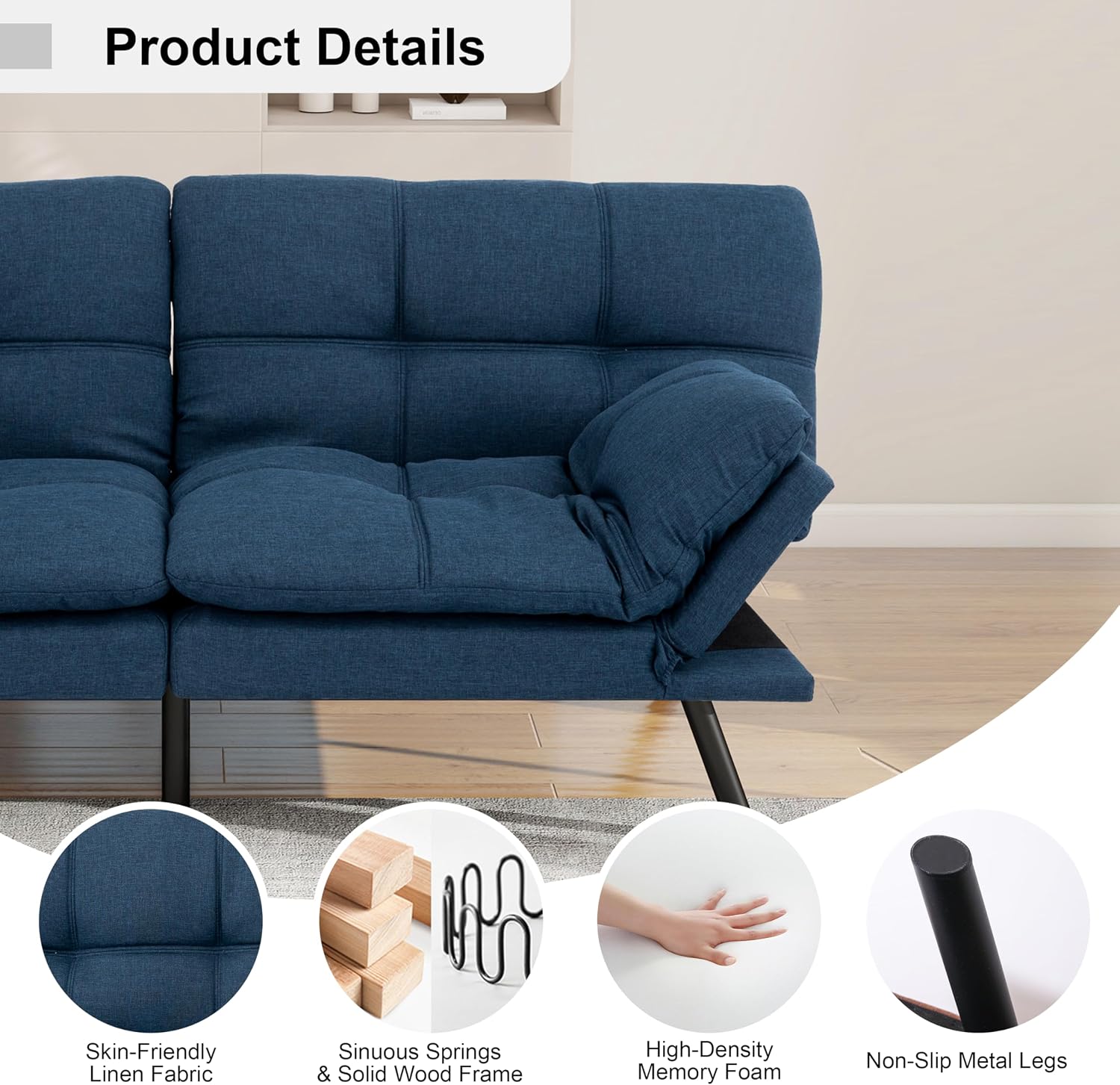 MUUEGM Futon Sofa Bed, 71' Comfortable Memory Foam Futon Sofa with Adjustable Backrest & Armrests,Convertible Folding Loveseat Recliner Sleeper Sofa Bed for Compact Living Room, Apartment, Office,Blue