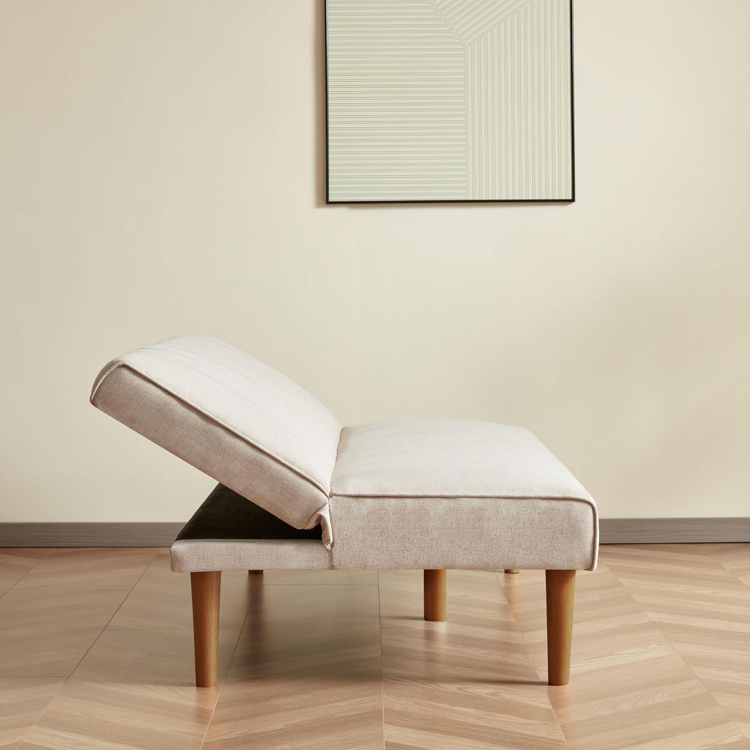 Spatial Order Upholstered Bergen Convertible Futon Sofa Bed, Modern Sofa Couches for Living Room, Small Spaces, Dorm, Apartment, Beige Woven