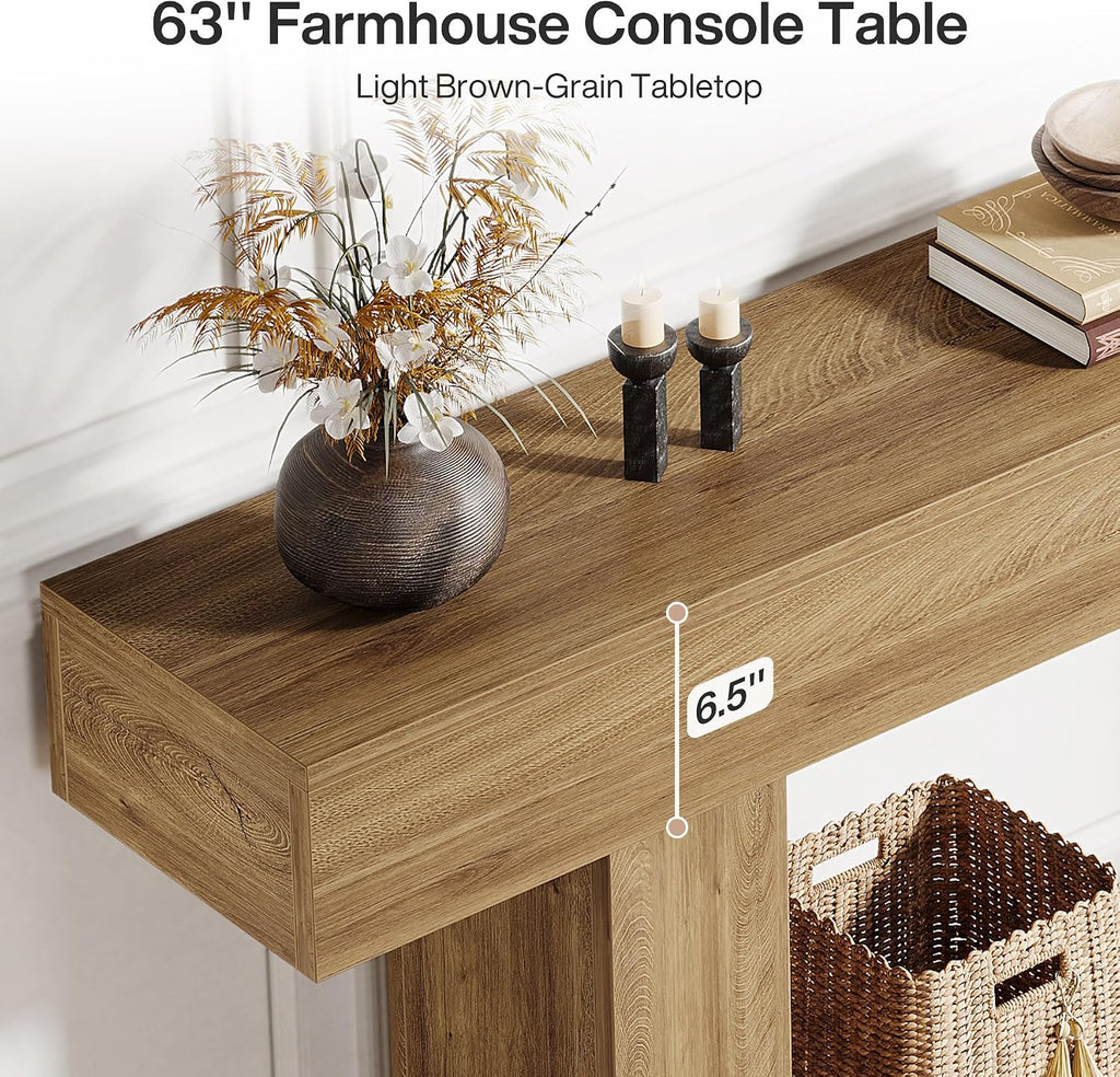 Tribesigns 63' Console Table, Farmhouse 2-Tier Entryway Table with U-Shaped Base, Narrow Long Wood Sofa Table Behind Couch Table for Living Room, Hallway, Foyer, Light Brown
