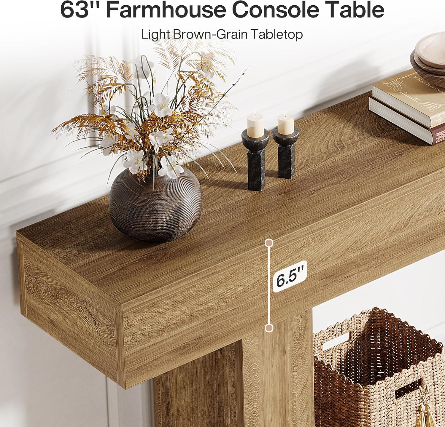 Tribesigns 63' Console Table, Farmhouse 2-Tier Entryway Table with U-Shaped Base, Narrow Long Wood Sofa Table Behind Couch Table for Living Room, Hallway, Foyer, Light Brown