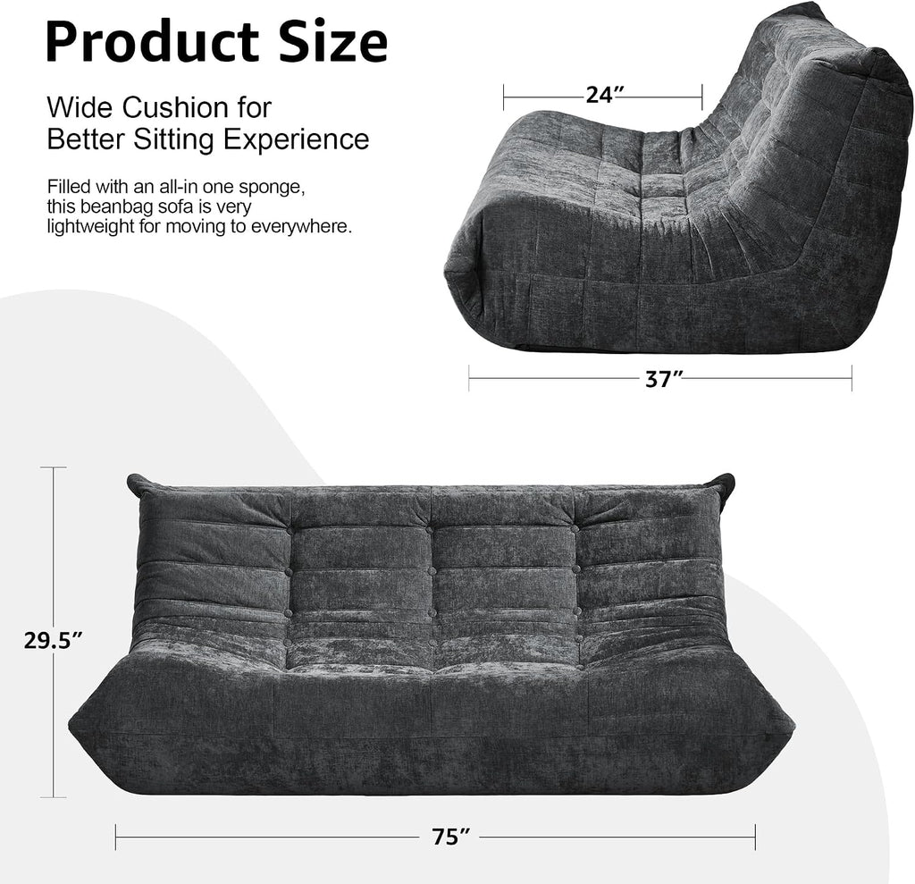 Bean Bag Chairs for Adults Giant Bean Bag Chair Memory Foam BeanBag Chair Bean Bag Sofa with Filler Faux Fur Fireside Beanbags Lazy Sofa for Living Room Bedroom Office (Darkgrey Chenille, 3-Seater)