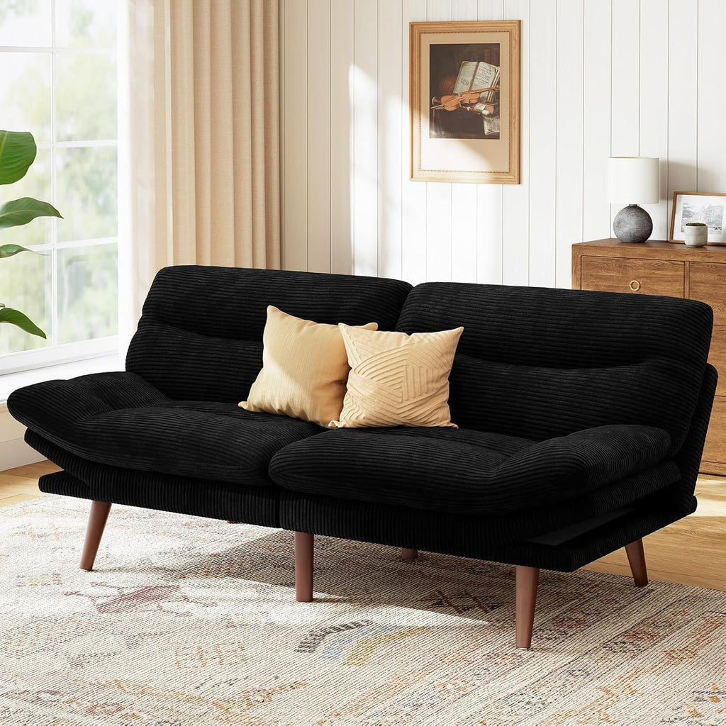 Marsail 66' Futon Sofa Bed, Convertible Corduroy Futon Couch with Adjustable Backrest & Armrests, Small Sleeper Sofa Loveseat for Living Room, Apartment, Black