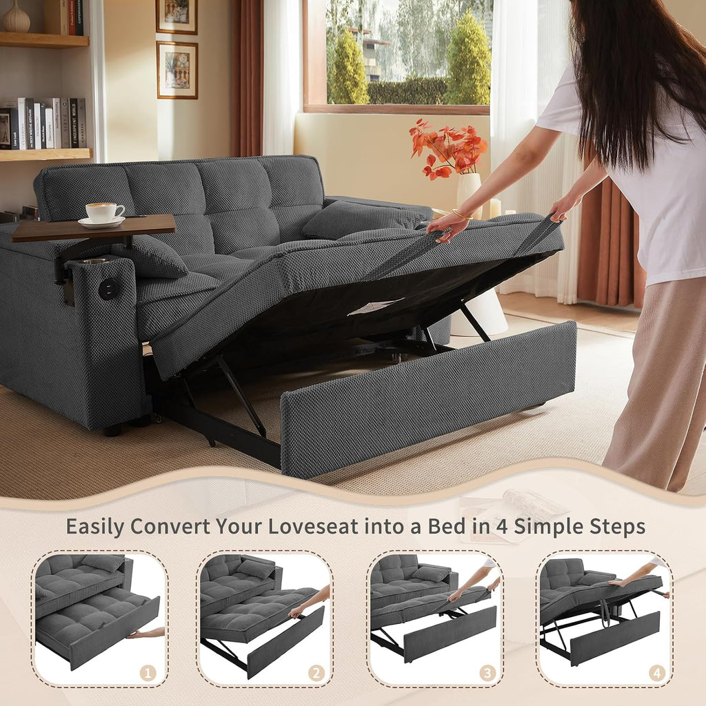 hansones 65'' 3-in-1 Folding Convertible Sofa Bed, Queen Size Pullout Sofa, Modern Chenille Fabric, 360° Swivel Side Table, Easy Assembly, Perfect for Living Room