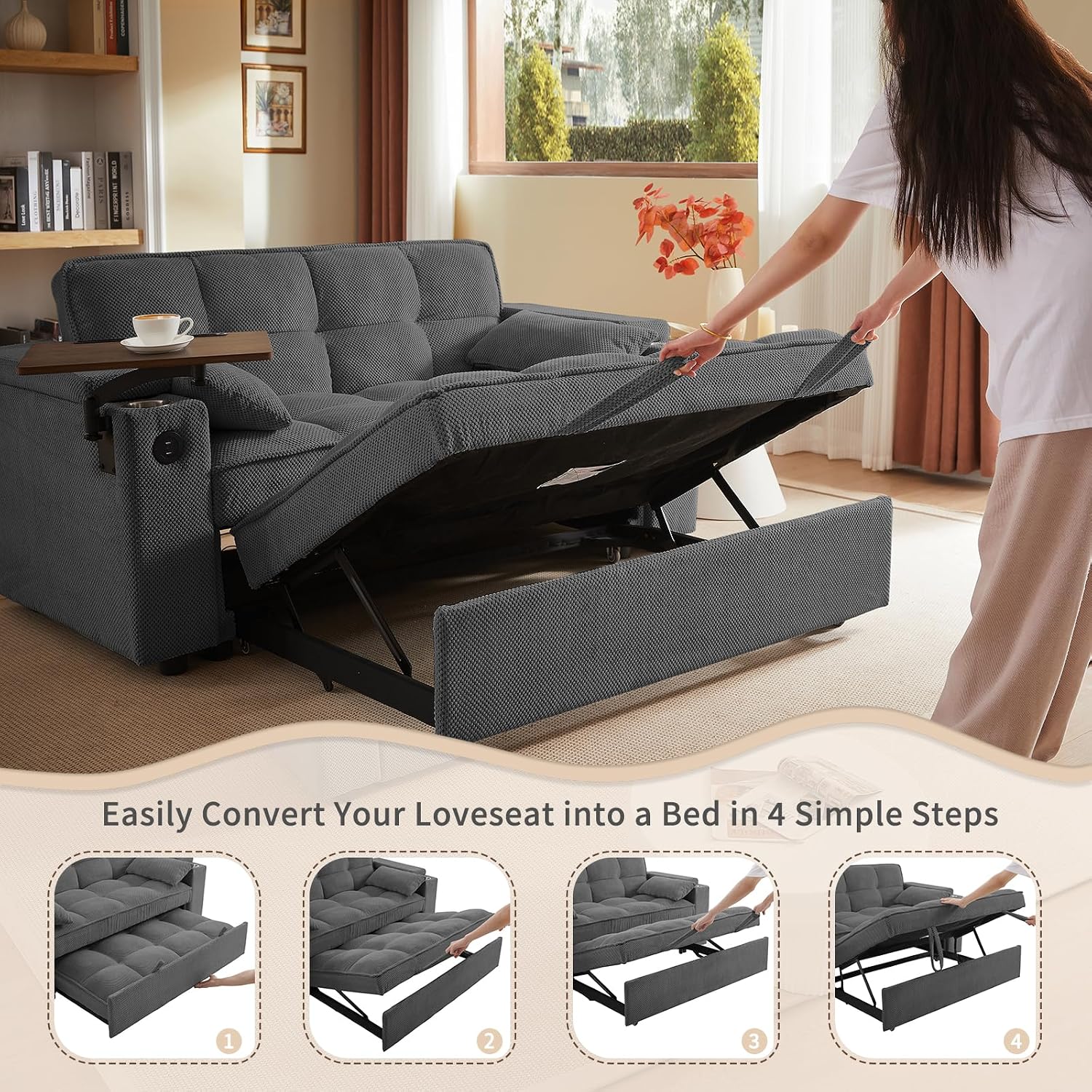 hansones 65'' 3-in-1 Folding Convertible Sofa Bed, Queen Size Pullout Sofa, Modern Chenille Fabric, 360° Swivel Side Table, Easy Assembly, Perfect for Living Room