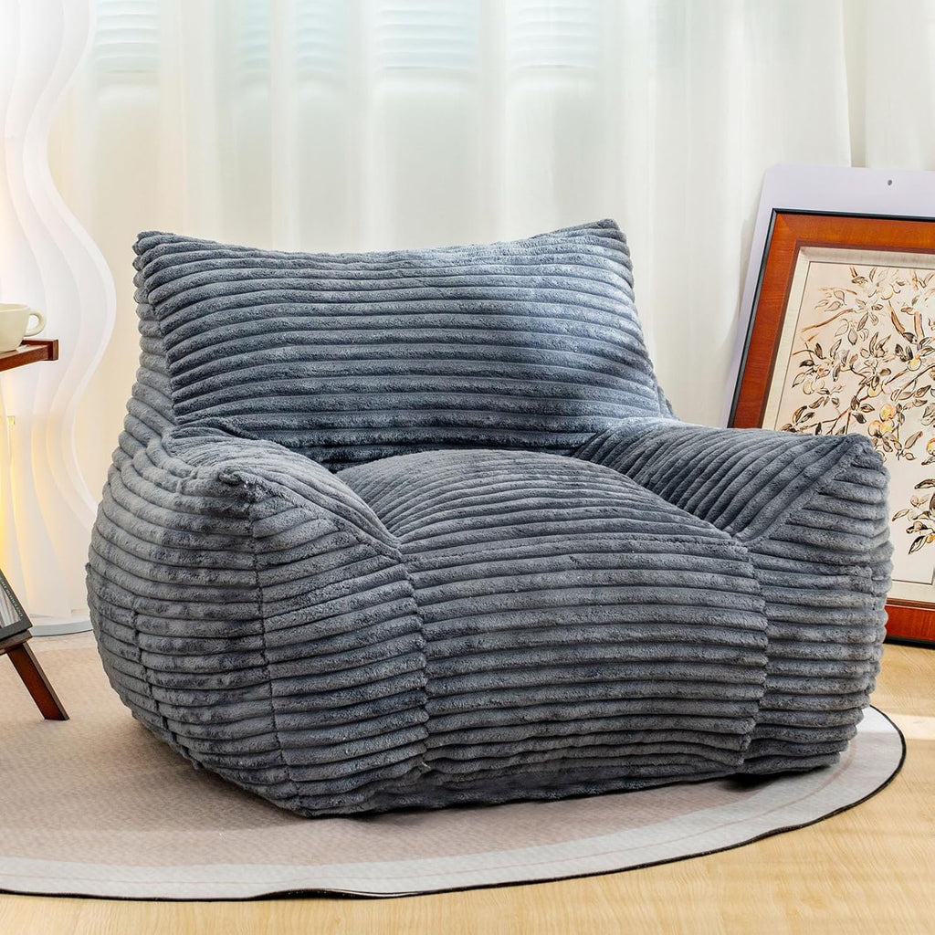 Bean Bag Chair for Adults, Comfy Corduroy Beanbag with Armrests, Lazy Sofa Floor Chair for Living Room, Bedroom, Dorm & Lounge, Cozy Fluffy Single Mini Couch (Gray)