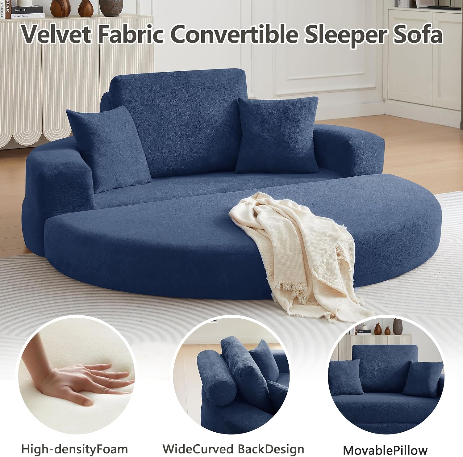 71' Boneless Couch Sofa Bed Oversized Round Couch 2-in-1 Foldable Floor Loveseat Sofa for Living Room and Apartment No Assembly.(Blue, 71')
