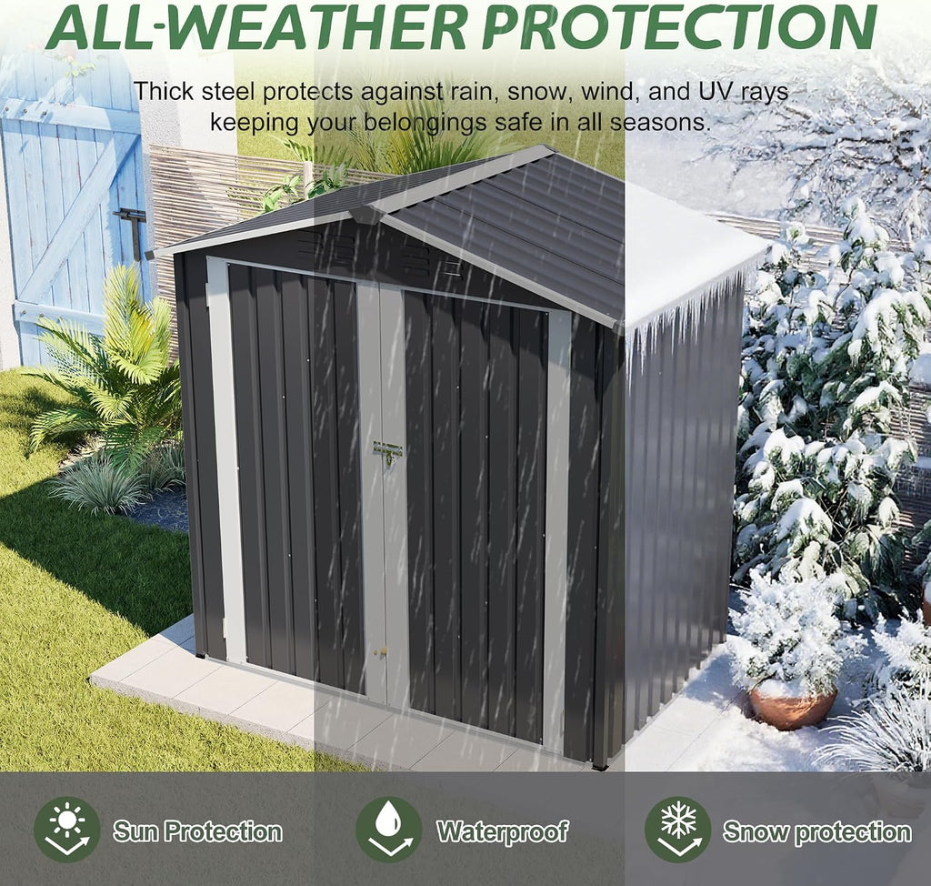 YOPTO 6 x 4 FT Outdoor Storage Shed with Floor Base & Lockable Hinge Door,Metal Garden Shed W/Sloped Roof,for Backyard Patio Lawn,Gray