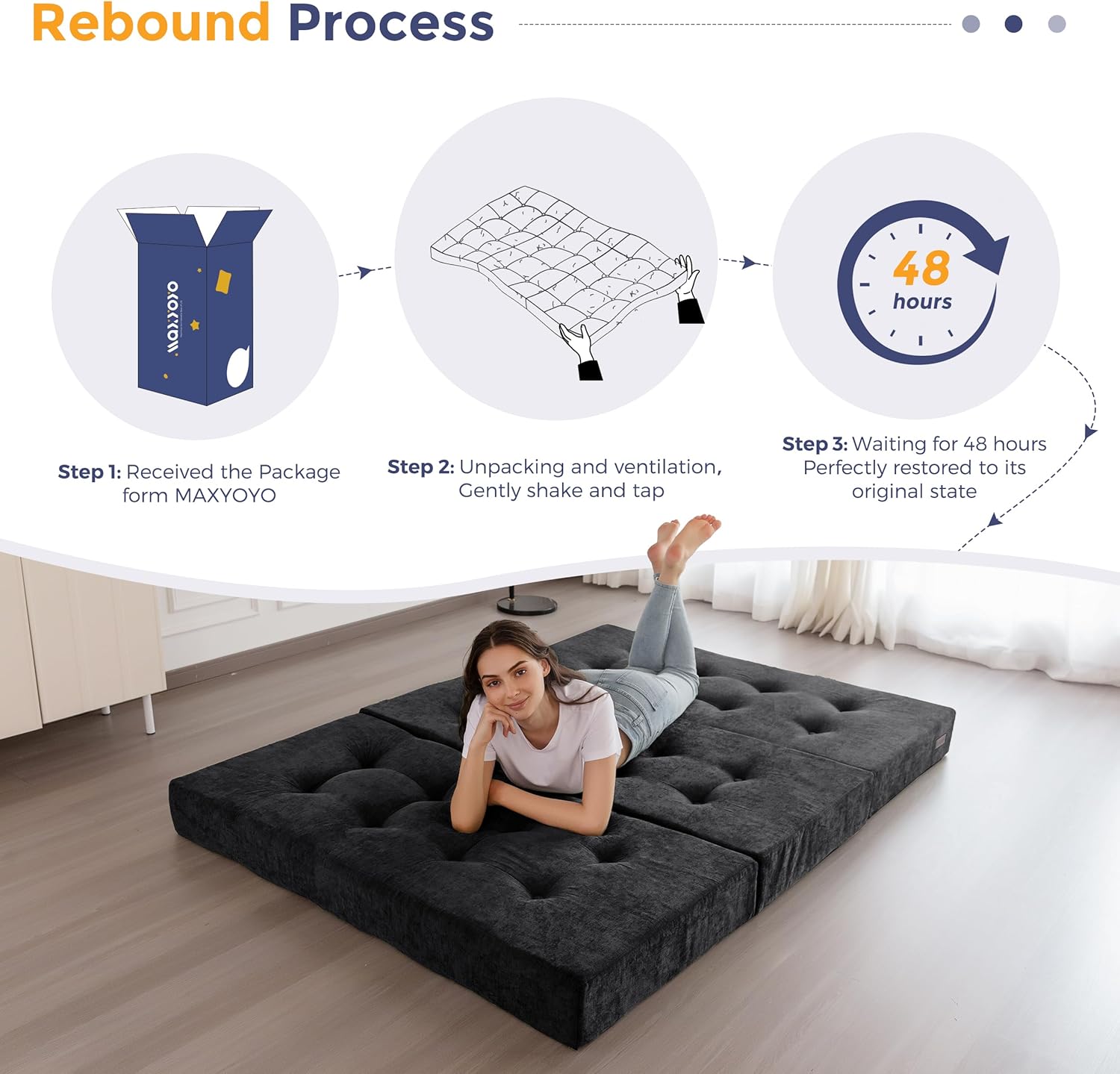 MAXYOYO 6' Folding Sofa Bed for Floor, Tufted Tri-Fold Floor Mattress with Chenille Fabric, Twin Size Portable Sofa Couch Guest Mat for Adults, Foldable Topper for Camping, Black, 35.4'x75'